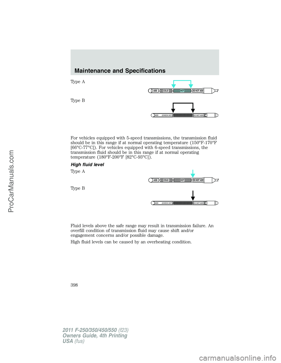 FORD F350 2011  Owners Manual Type A
Type B
For vehicles equipped with 5-speed transmissions, the transmission fluid
should be in this range if at normal operating temperature (150°F-170°F
[66°C-77°C]). For vehicles equipped w