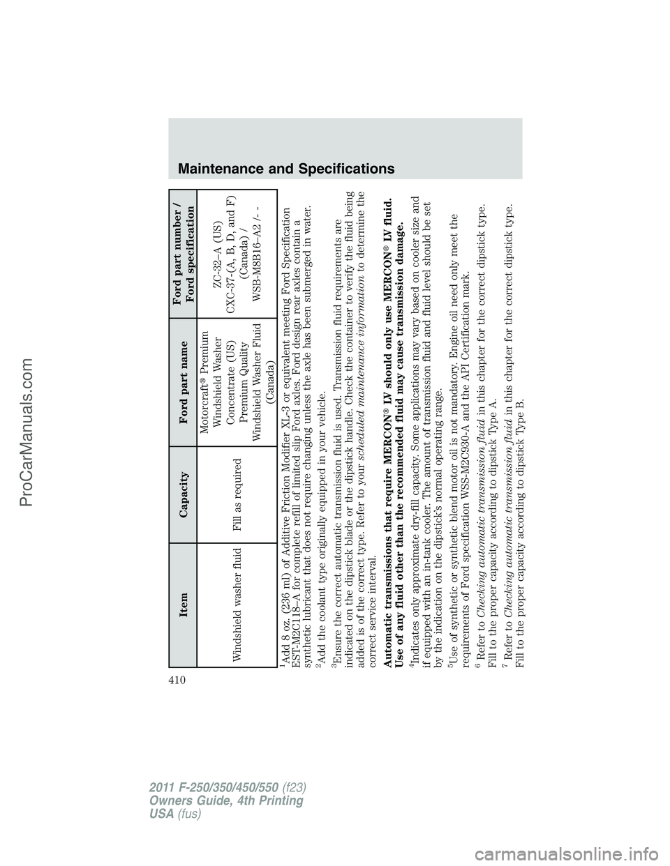FORD F350 2011  Owners Manual Item Capacity Ford part nameFord part number /
Ford specification
Windshield washer fluid Fill as requiredMotorcraftPremium
Windshield Washer
Concentrate (US)
Premium Quality
Windshield Washer Fluid
