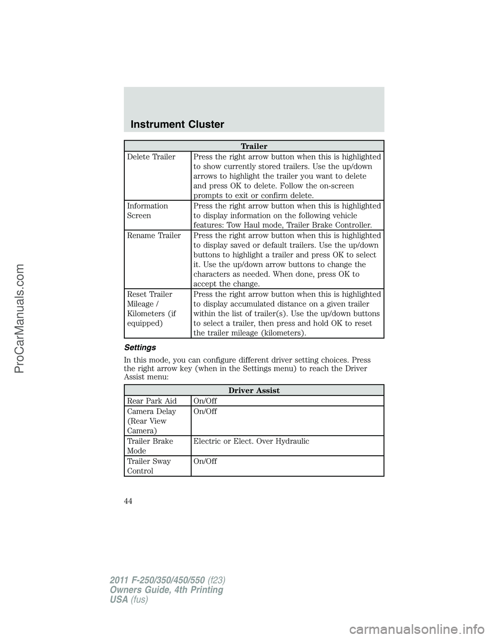 FORD F350 2011 Service Manual Trailer
Delete Trailer Press the right arrow button when this is highlighted
to show currently stored trailers. Use the up/down
arrows to highlight the trailer you want to delete
and press OK to delet FORD F350 2011 Service Manual Trailer
Delete Trailer Press the right arrow button when this is highlighted
to show currently stored trailers. Use the up/down
arrows to highlight the trailer you want to delete
and press OK to delet