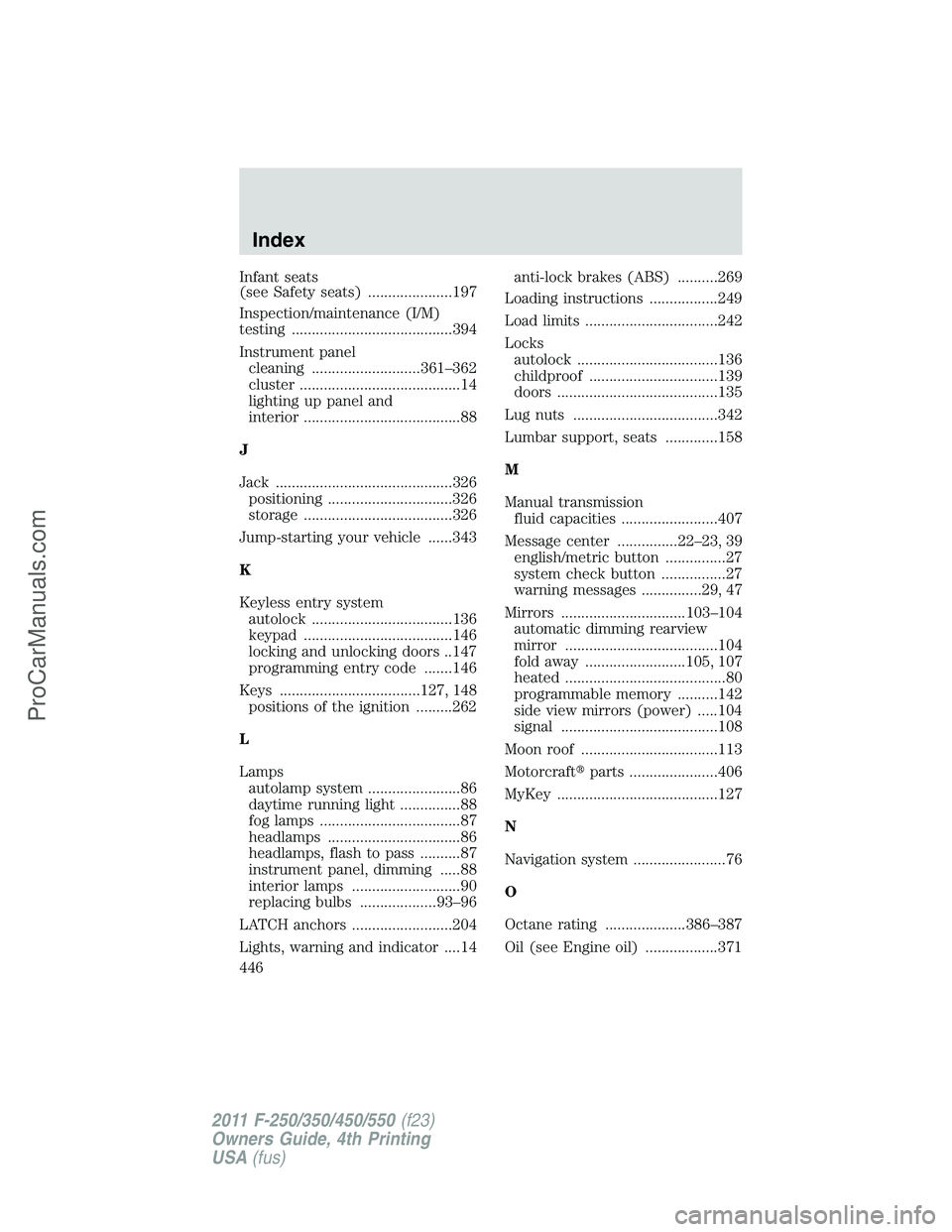 FORD F350 2011  Owners Manual Infant seats
(see Safety seats) .....................197
Inspection/maintenance (I/M)
testing ........................................394
Instrument panel
cleaning ...........................361–362