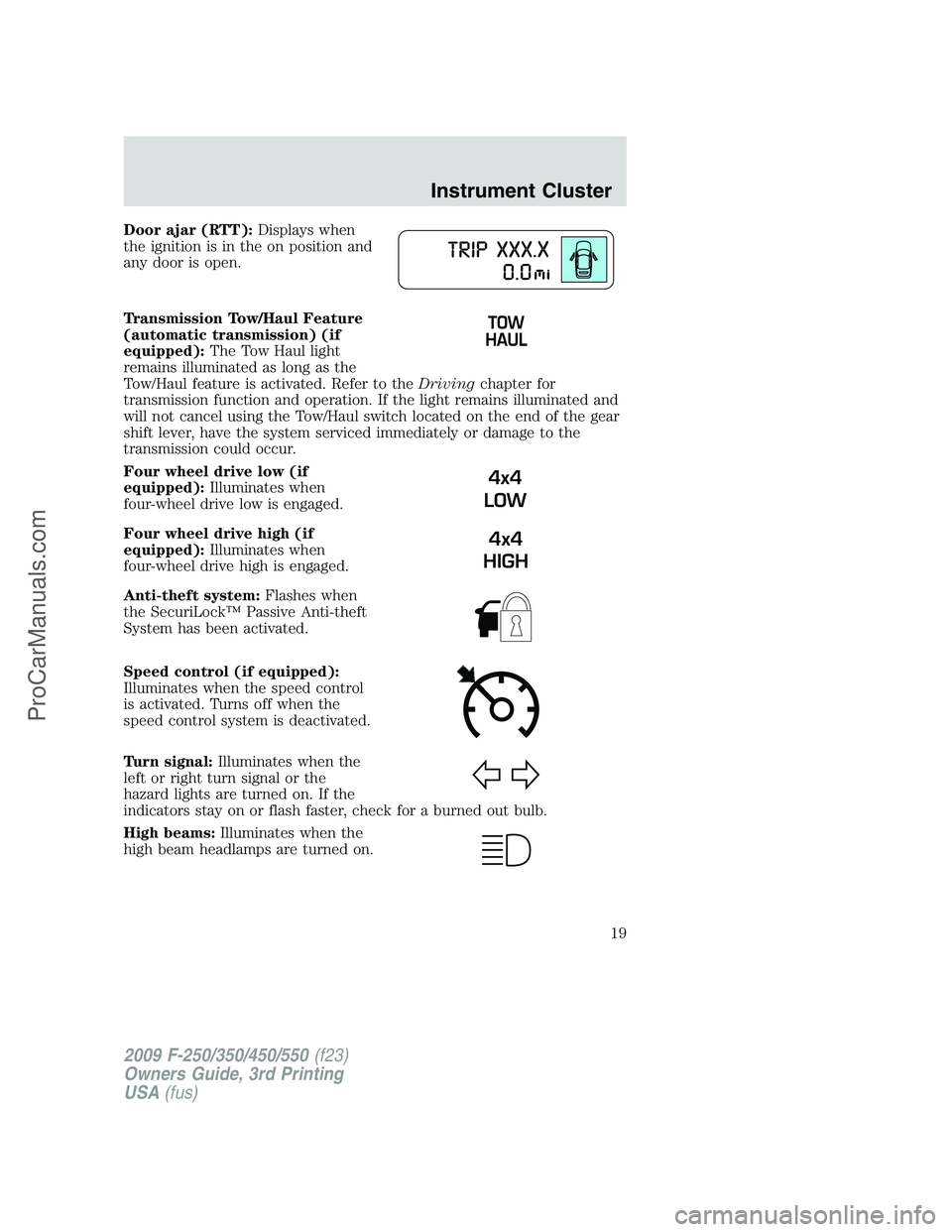 FORD F350 2009 User Guide Door ajar (RTT):Displays when
the ignition is in the on position and
any door is open.
Transmission Tow/Haul Feature
(automatic transmission) (if
equipped):The Tow Haul light
remains illuminated as lo
