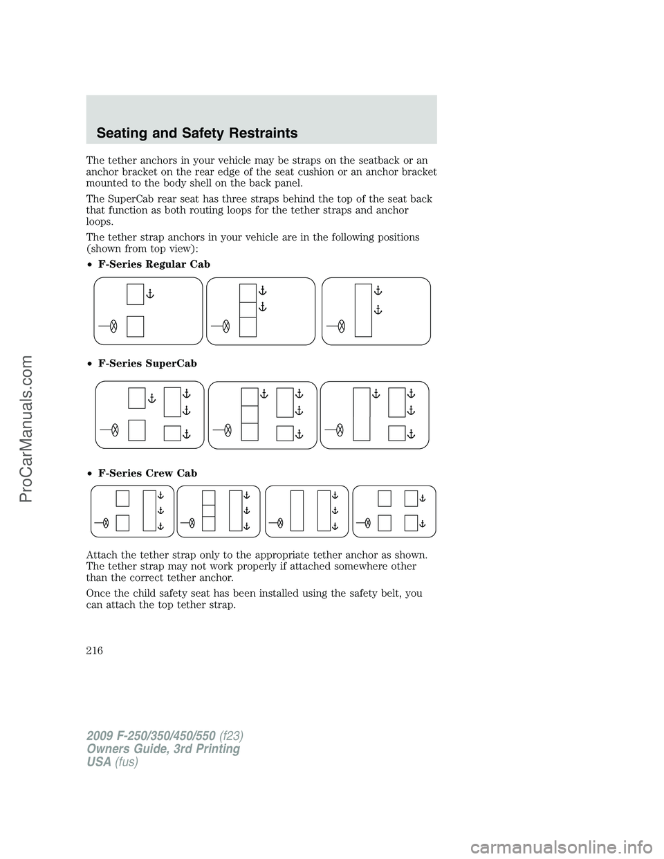 FORD F350 2009 Owners Manual The tether anchors in your vehicle may be straps on the seatback or an
anchor bracket on the rear edge of the seat cushion or an anchor bracket
mounted to the body shell on the back panel.
The SuperCa FORD F350 2009 Owners Manual The tether anchors in your vehicle may be straps on the seatback or an
anchor bracket on the rear edge of the seat cushion or an anchor bracket
mounted to the body shell on the back panel.
The SuperCa