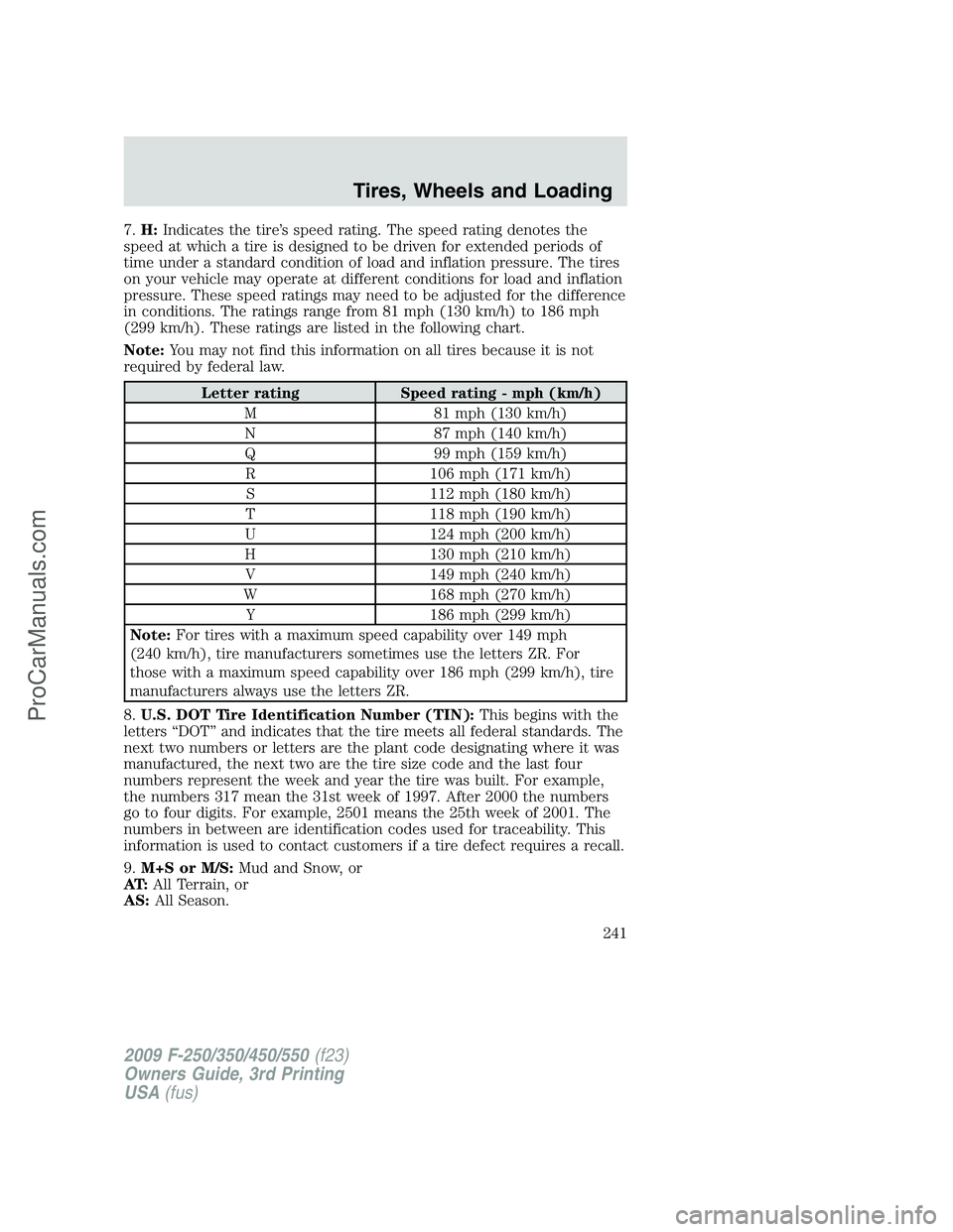 FORD F350 2009 Owners Manual 7.H:Indicates the tire’s speed rating. The speed rating denotes the
speed at which a tire is designed to be driven for extended periods of
time under a standard condition of load and inflation press FORD F350 2009 Owners Manual 7.H:Indicates the tire’s speed rating. The speed rating denotes the
speed at which a tire is designed to be driven for extended periods of
time under a standard condition of load and inflation press