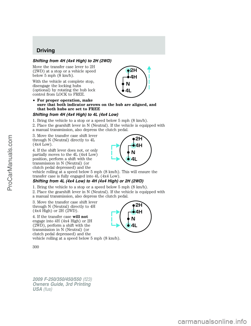FORD F350 2009 Owners Manual Shifting from 4H (4x4 High) to 2H (2WD)
Move the transfer case lever to 2H
(2WD) at a stop or a vehicle speed
below 5 mph (8 km/h).
With the vehicle at complete stop,
disengage the locking hubs
(optio FORD F350 2009 Owners Manual Shifting from 4H (4x4 High) to 2H (2WD)
Move the transfer case lever to 2H
(2WD) at a stop or a vehicle speed
below 5 mph (8 km/h).
With the vehicle at complete stop,
disengage the locking hubs
(optio