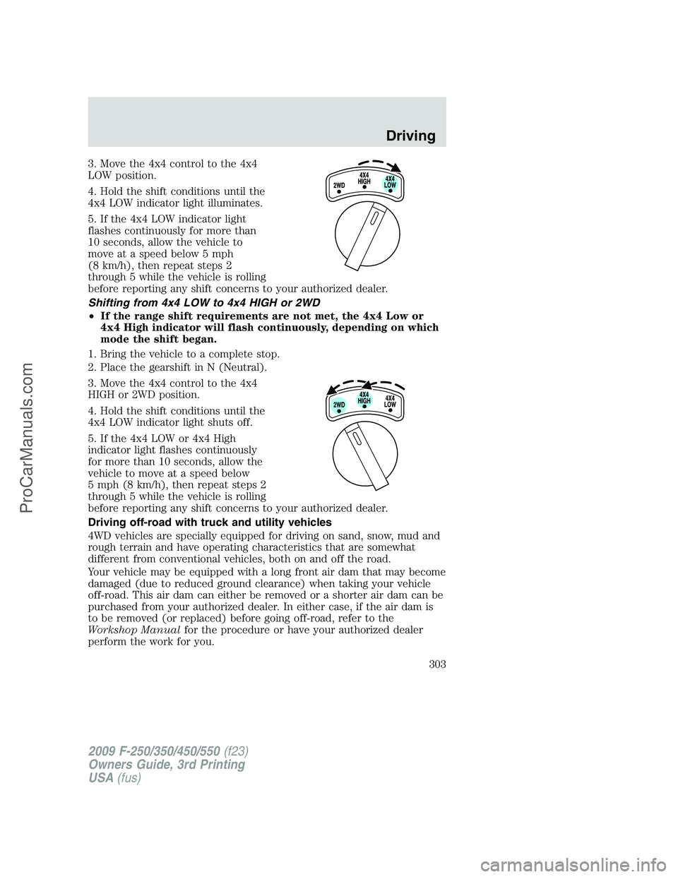 FORD F350 2009 Owners Manual 3. Move the 4x4 control to the 4x4
LOW position.
4. Hold the shift conditions until the
4x4 LOW indicator light illuminates.
5. If the 4x4 LOW indicator light
flashes continuously for more than
10 sec FORD F350 2009 Owners Manual 3. Move the 4x4 control to the 4x4
LOW position.
4. Hold the shift conditions until the
4x4 LOW indicator light illuminates.
5. If the 4x4 LOW indicator light
flashes continuously for more than
10 sec