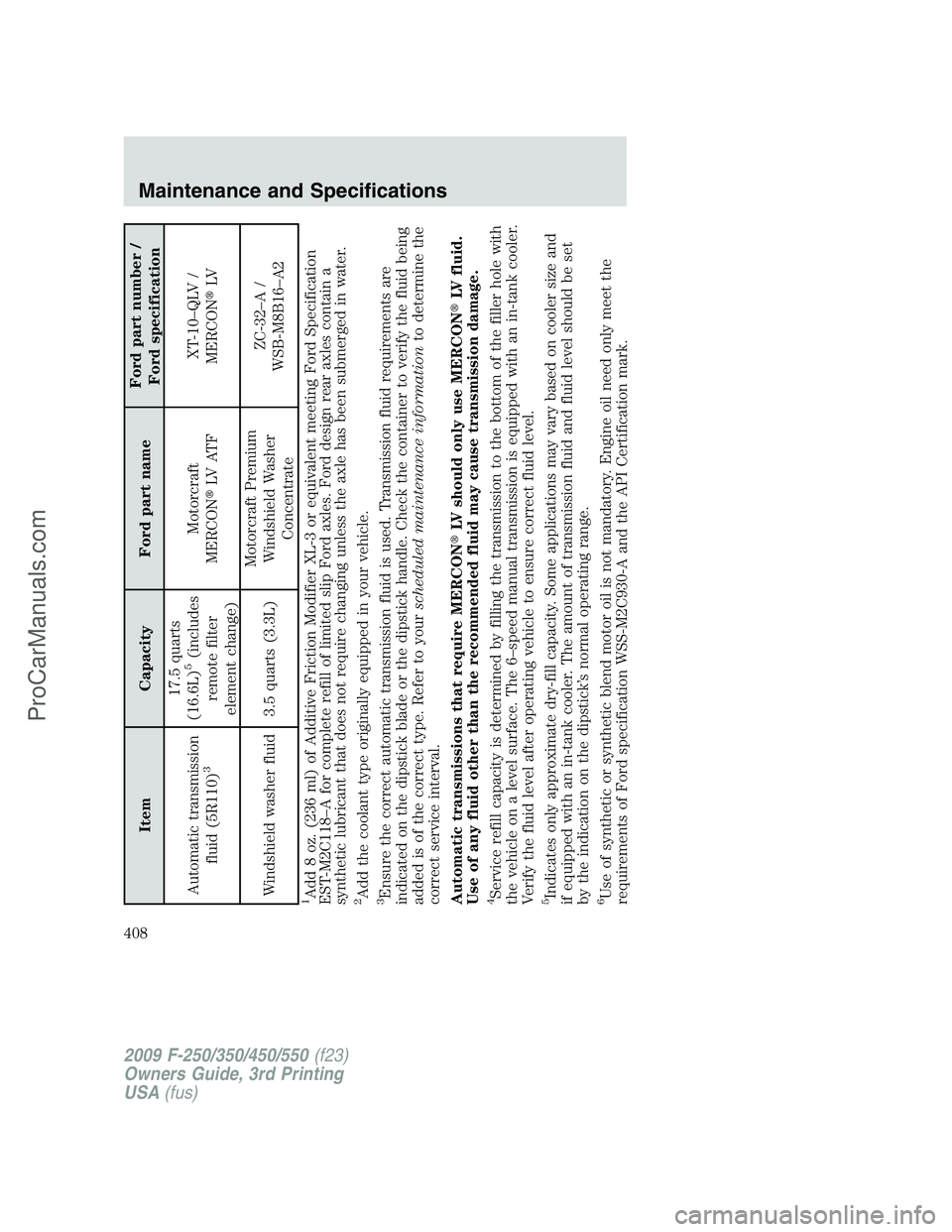 FORD F350 2009  Owners Manual Item Capacity Ford part nameFord part number /
Ford specification
Automatic transmission
fluid (5R110)
3
17.5 quarts
(16.6L)
5(includes
remote filter
element change)Motorcraft
MERCONLV AT FXT-10–QL