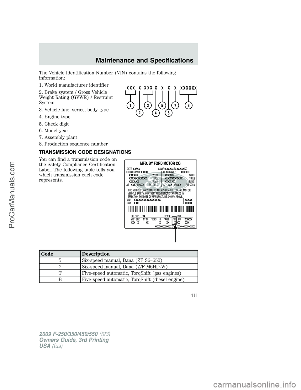 FORD F350 2009  Owners Manual The Vehicle Identification Number (VIN) contains the following
information:
1. World manufacturer identifier
2. Brake system / Gross Vehicle
Weight Rating (GVWR) / Restraint
System
3. Vehicle line, se