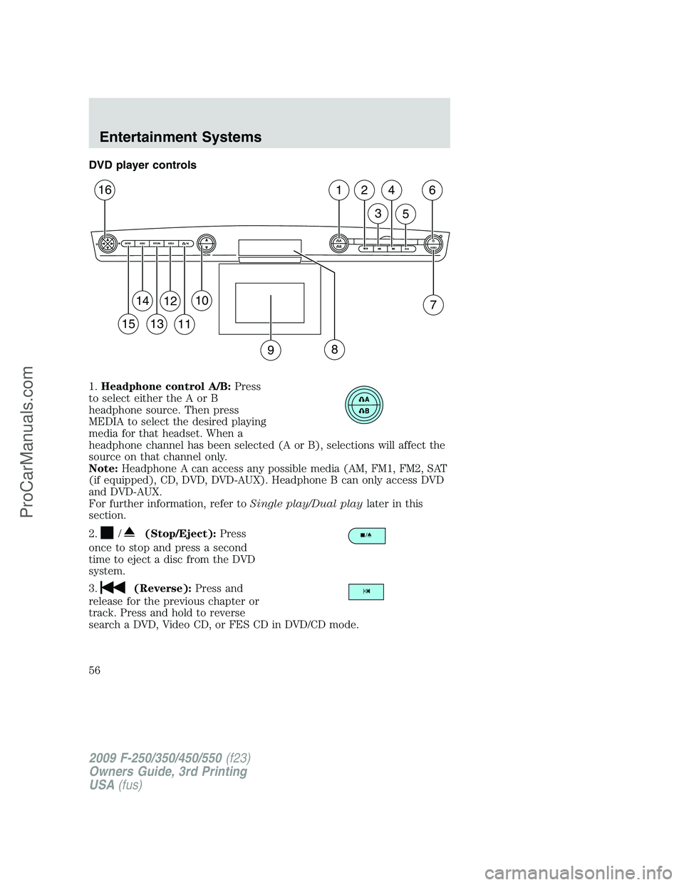 FORD F350 2009 Workshop Manual DVD player controls
1.Headphone control A/B:Press
to select either the A or B
headphone source. Then press
MEDIA to select the desired playing
media for that headset. When a
headphone channel has been