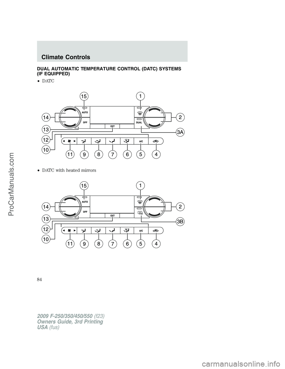FORD F350 2009 Manual Online DUAL AUTOMATIC TEMPERATURE CONTROL (DATC) SYSTEMS
(IF EQUIPPED)
•DATC
•DATC with heated mirrors
2009 F-250/350/450/550(f23)
Owners Guide, 3rd Printing
USA(fus)
Climate Controls
84
ProCarManuals.co