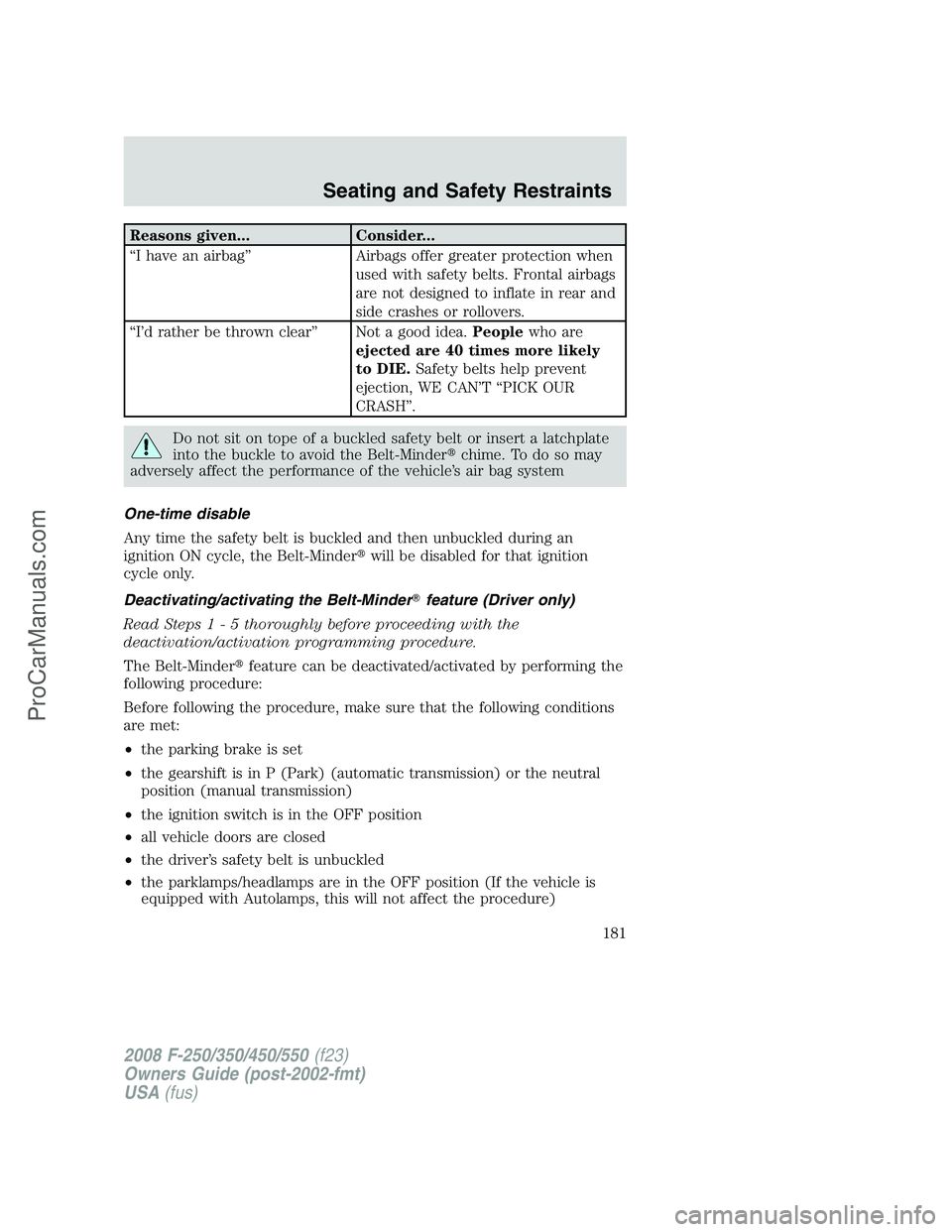 FORD F350 2008  Owners Manual Reasons given... Consider...
“I have an airbag” Airbags offer greater protection when
used with safety belts. Frontal airbags
are not designed to inflate in rear and
side crashes or rollovers.
“