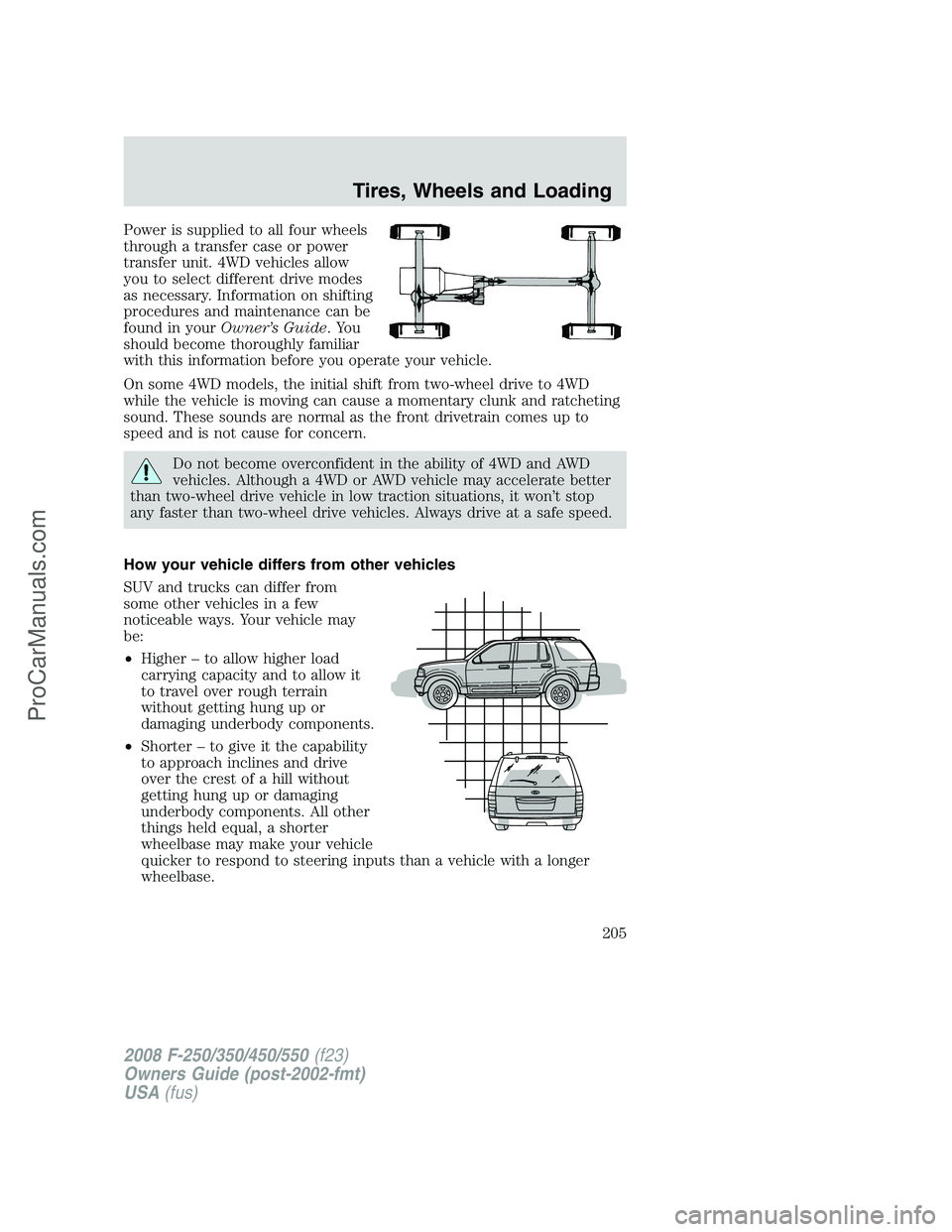 FORD F350 2008 Owners Manual Power is supplied to all four wheels
through a transfer case or power
transfer unit. 4WD vehicles allow
you to select different drive modes
as necessary. Information on shifting
procedures and mainten FORD F350 2008 Owners Manual Power is supplied to all four wheels
through a transfer case or power
transfer unit. 4WD vehicles allow
you to select different drive modes
as necessary. Information on shifting
procedures and mainten