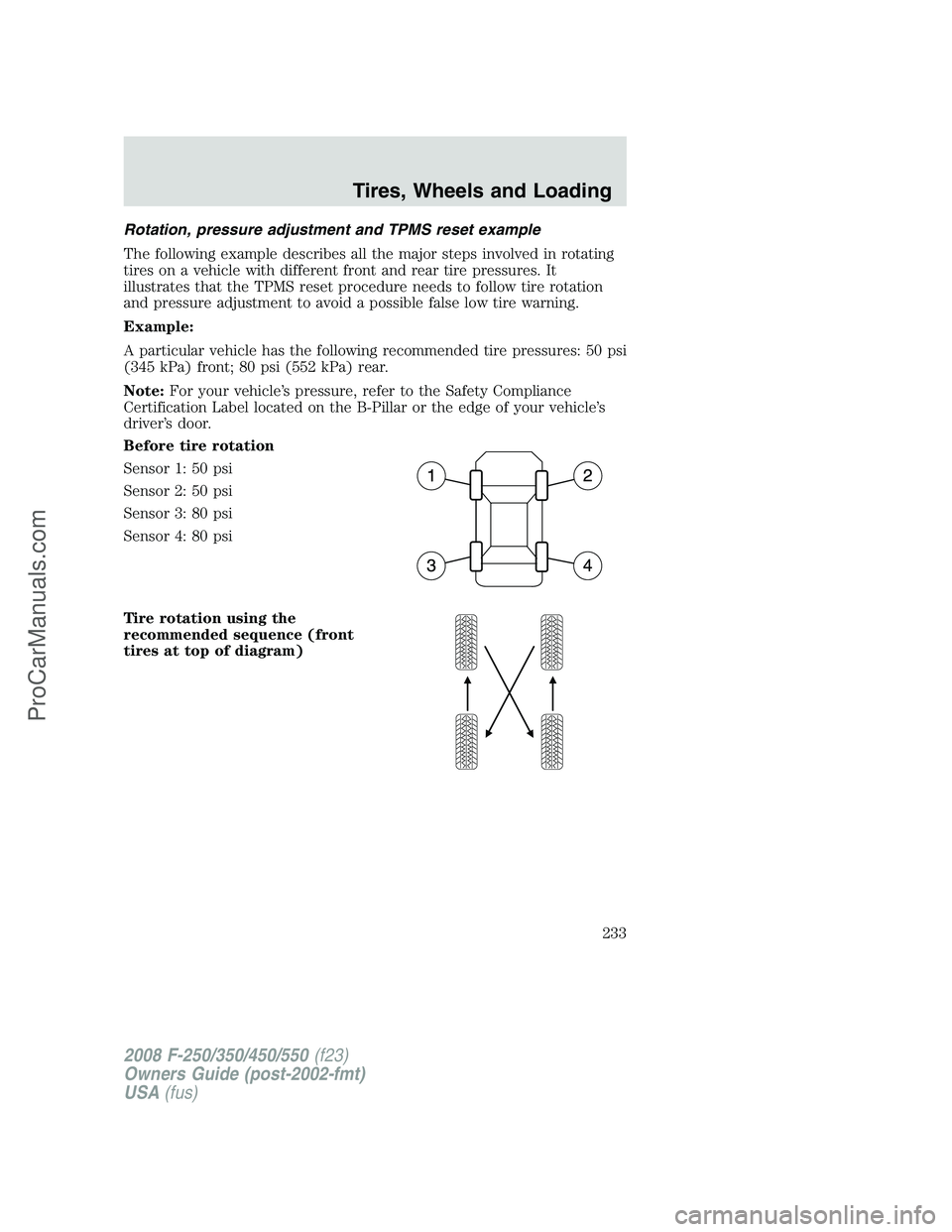 FORD F350 2008 Owners Manual Rotation, pressure adjustment and TPMS reset example
The following example describes all the major steps involved in rotating
tires on a vehicle with different front and rear tire pressures. It
illust FORD F350 2008 Owners Manual Rotation, pressure adjustment and TPMS reset example
The following example describes all the major steps involved in rotating
tires on a vehicle with different front and rear tire pressures. It
illust