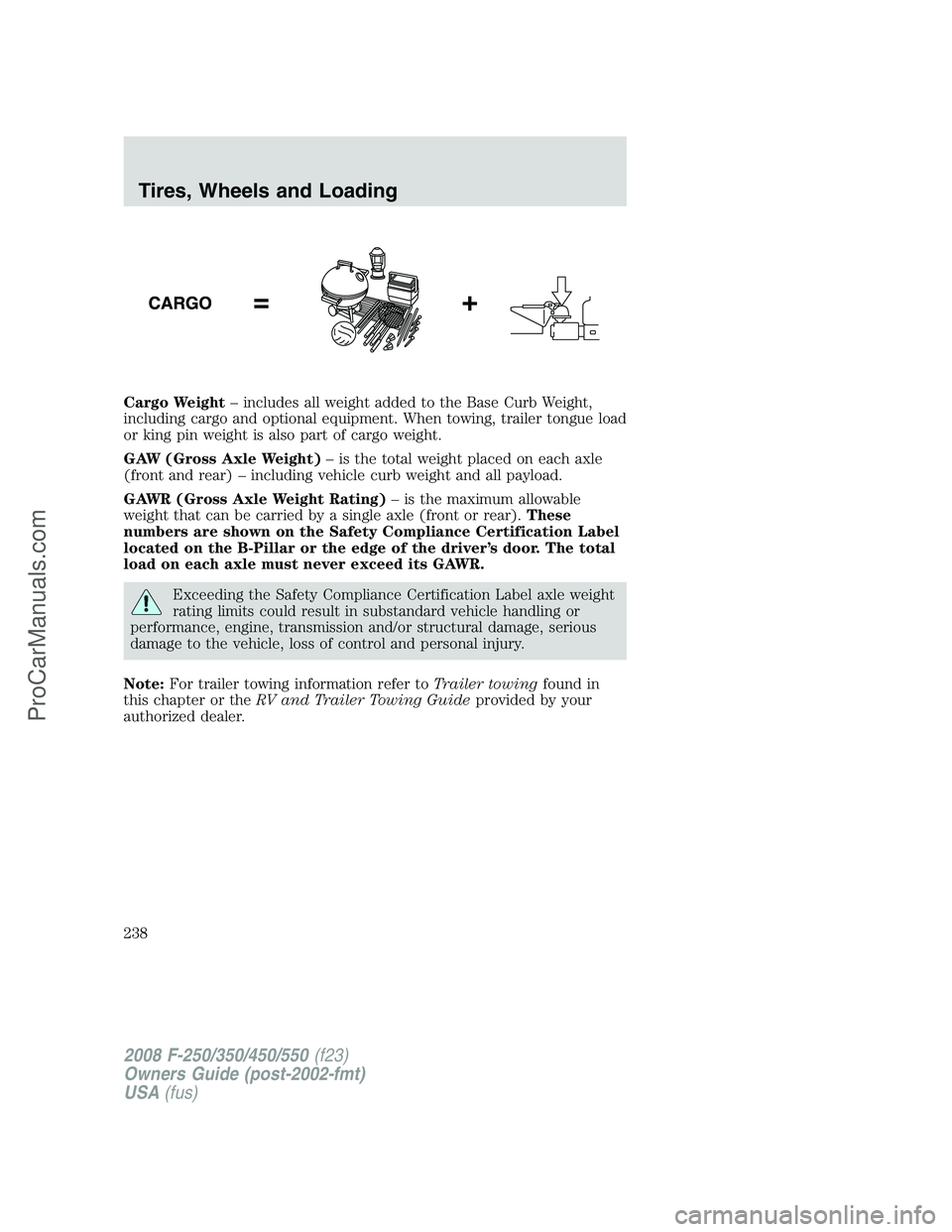 FORD F350 2008 Owners Manual Cargo Weight– includes all weight added to the Base Curb Weight,
including cargo and optional equipment. When towing, trailer tongue load
or king pin weight is also part of cargo weight.
GAW (Gross FORD F350 2008 Owners Manual Cargo Weight– includes all weight added to the Base Curb Weight,
including cargo and optional equipment. When towing, trailer tongue load
or king pin weight is also part of cargo weight.
GAW (Gross