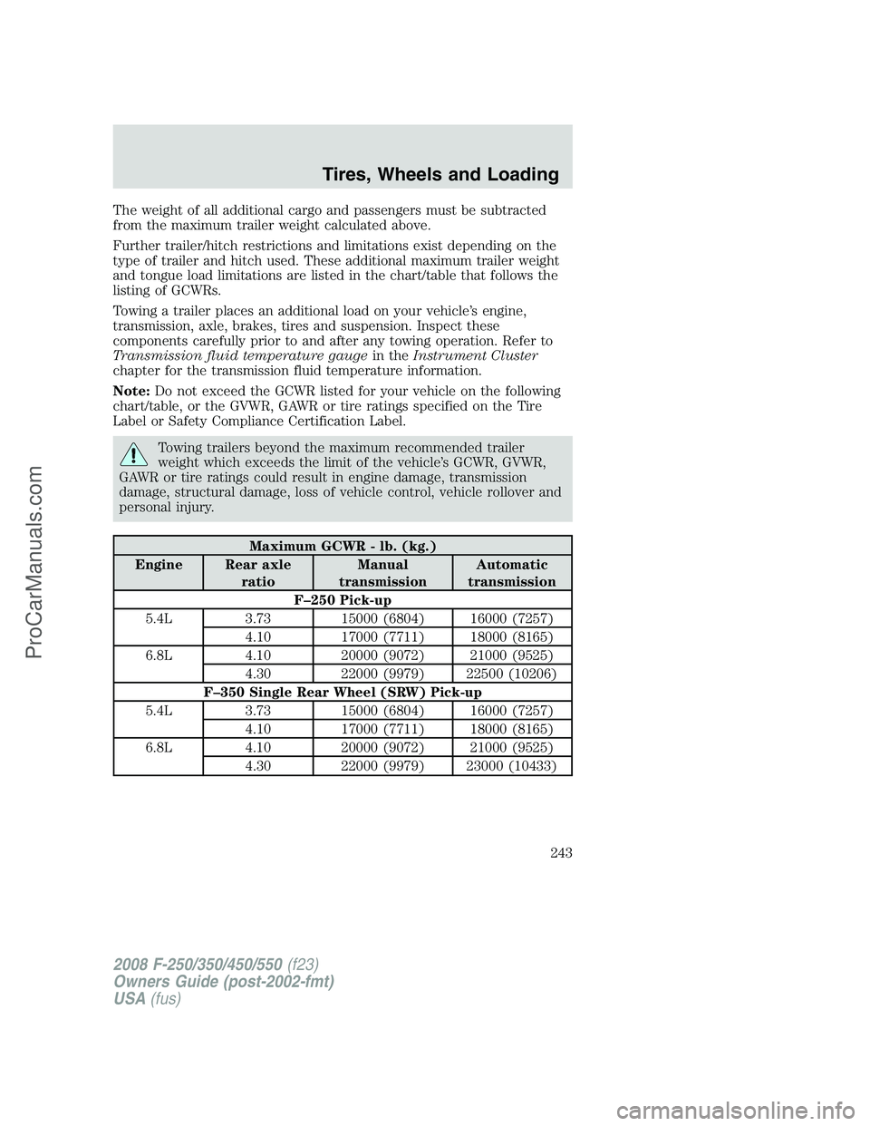 FORD F350 2008 Owners Manual The weight of all additional cargo and passengers must be subtracted
from the maximum trailer weight calculated above.
Further trailer/hitch restrictions and limitations exist depending on the
type of FORD F350 2008 Owners Manual The weight of all additional cargo and passengers must be subtracted
from the maximum trailer weight calculated above.
Further trailer/hitch restrictions and limitations exist depending on the
type of