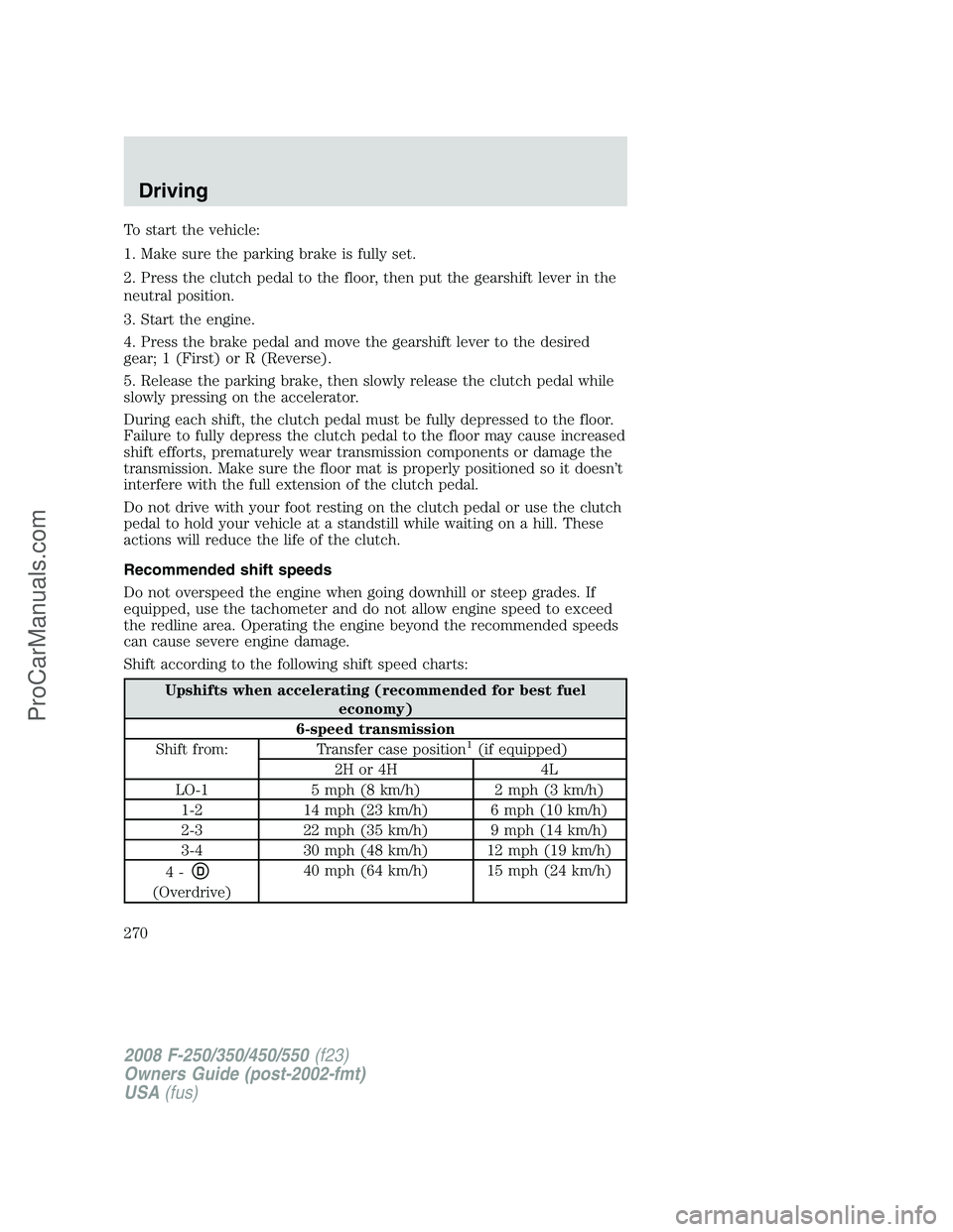 FORD F350 2008 Owners Manual To start the vehicle:
1. Make sure the parking brake is fully set.
2. Press the clutch pedal to the floor, then put the gearshift lever in the
neutral position.
3. Start the engine.
4. Press the brake FORD F350 2008 Owners Manual To start the vehicle:
1. Make sure the parking brake is fully set.
2. Press the clutch pedal to the floor, then put the gearshift lever in the
neutral position.
3. Start the engine.
4. Press the brake