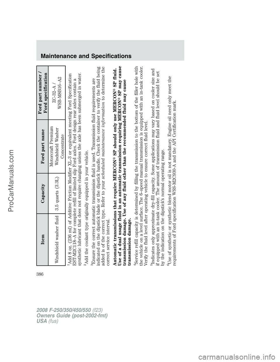FORD F350 2008 Owners Manual Item Capacity Ford part nameFord part number /
Ford specification
Windshield washer fluid 3.5 quarts (3.3L)Motorcraft Premium
Windshield Washer
ConcentrateZC-32–A /
WSB-M8B16–A2
1Add 8 oz. (236 ml FORD F350 2008 Owners Manual Item Capacity Ford part nameFord part number /
Ford specification
Windshield washer fluid 3.5 quarts (3.3L)Motorcraft Premium
Windshield Washer
ConcentrateZC-32–A /
WSB-M8B16–A2
1Add 8 oz. (236 ml