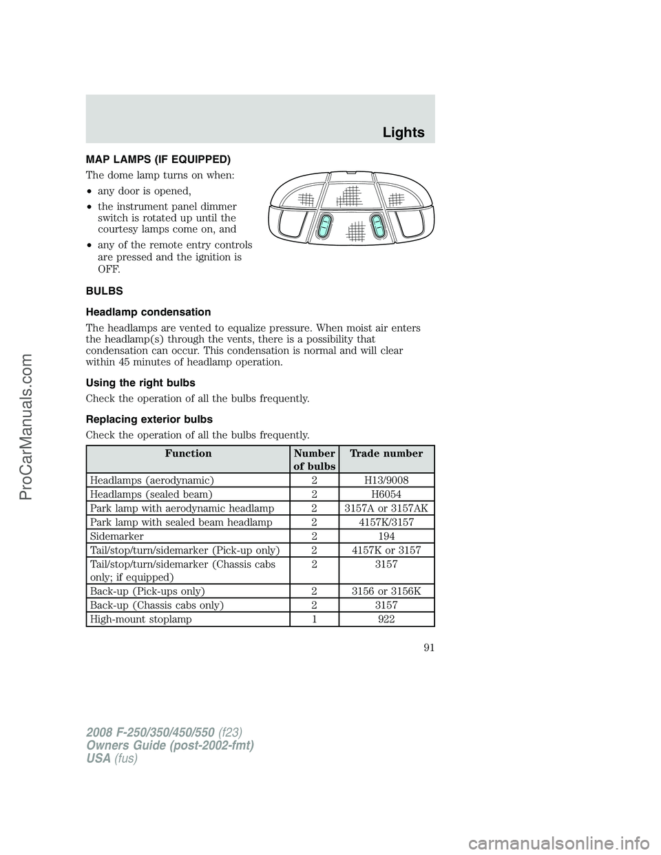FORD F350 2008 Owners Manual MAP LAMPS (IF EQUIPPED)
The dome lamp turns on when:
•any door is opened,
•the instrument panel dimmer
switch is rotated up until the
courtesy lamps come on, and
•any of the remote entry control FORD F350 2008 Owners Manual MAP LAMPS (IF EQUIPPED)
The dome lamp turns on when:
•any door is opened,
•the instrument panel dimmer
switch is rotated up until the
courtesy lamps come on, and
•any of the remote entry control