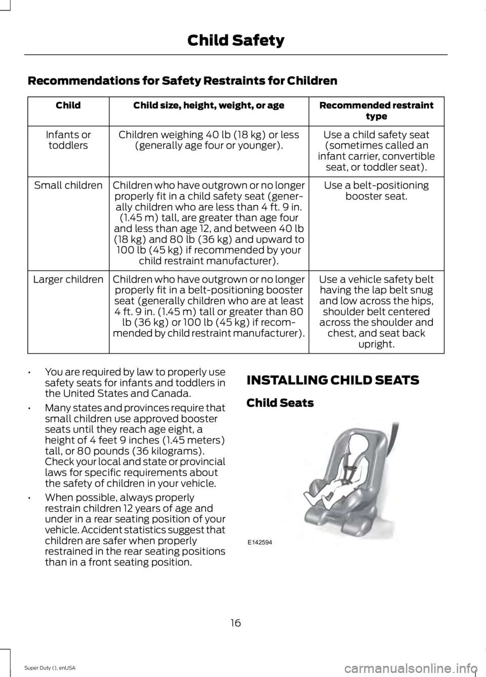 FORD F450 2015 Owners Manual Recommendations for Safety Restraints for Children
Recommended restraint
type
Child size, height, weight, or age
Child
Use a child safety seat(sometimes called an
infant carrier, convertible seat, or FORD F450 2015 Owners Manual Recommendations for Safety Restraints for Children
Recommended restraint
type
Child size, height, weight, or age
Child
Use a child safety seat(sometimes called an
infant carrier, convertible seat, or
