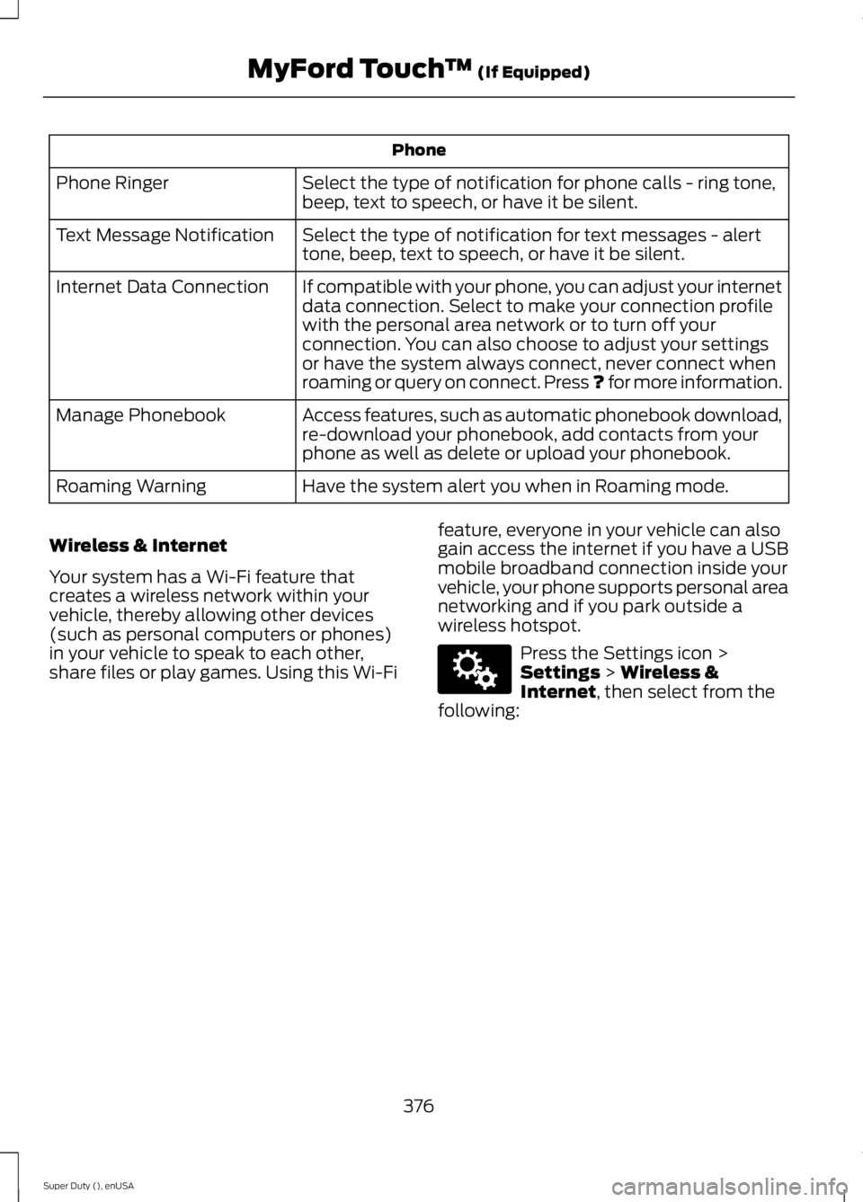 FORD F450 2015  Owners Manual Phone
Select the type of notification for phone calls - ring tone,
beep, text to speech, or have it be silent.
Phone Ringer
Select the type of notification for text messages - alert
tone, beep, text t