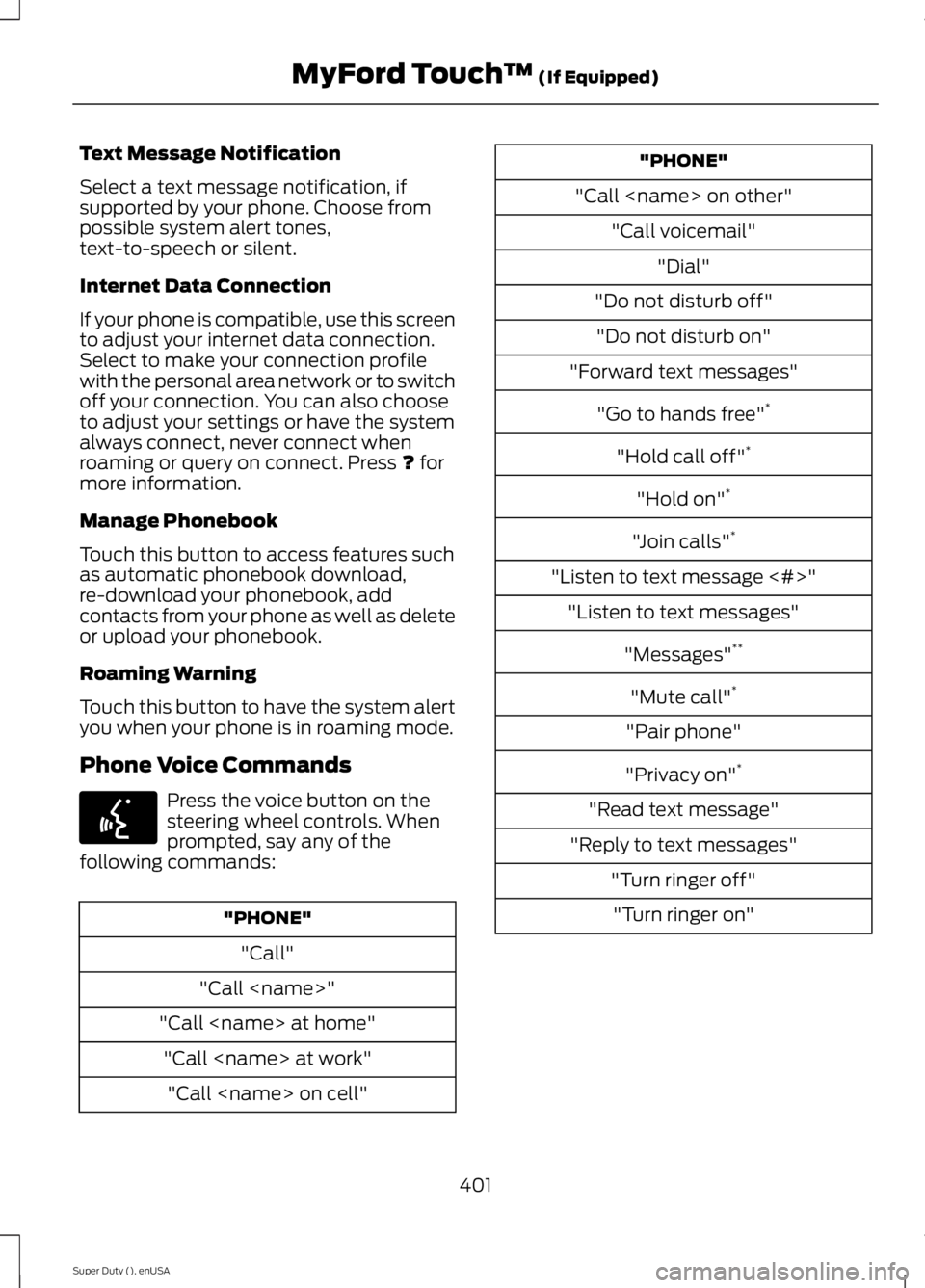 FORD F450 2015  Owners Manual Text Message Notification
Select a text message notification, if
supported by your phone. Choose from
possible system alert tones,
text-to-speech or silent.
Internet Data Connection
If your phone is c