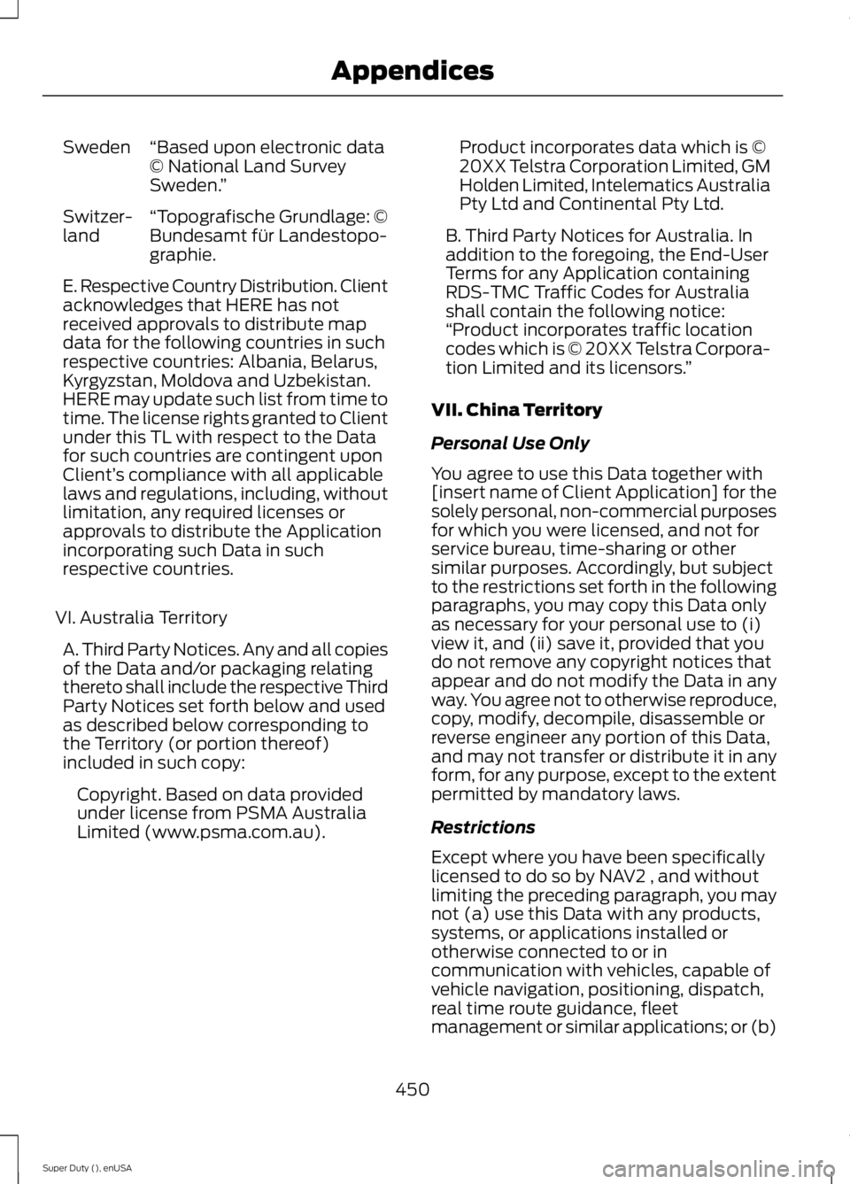 FORD F450 2015 Owners Manual “Based upon electronic data
© National Land Survey
Sweden.
”
Sweden
“Topografische Grundlage: ©
Bundesamt für Landestopo-
graphie.
Switzer-
land
E. Respective Country Distribution. Client
ack FORD F450 2015 Owners Manual “Based upon electronic data
© National Land Survey
Sweden.
”
Sweden
“Topografische Grundlage: ©
Bundesamt für Landestopo-
graphie.
Switzer-
land
E. Respective Country Distribution. Client
ack