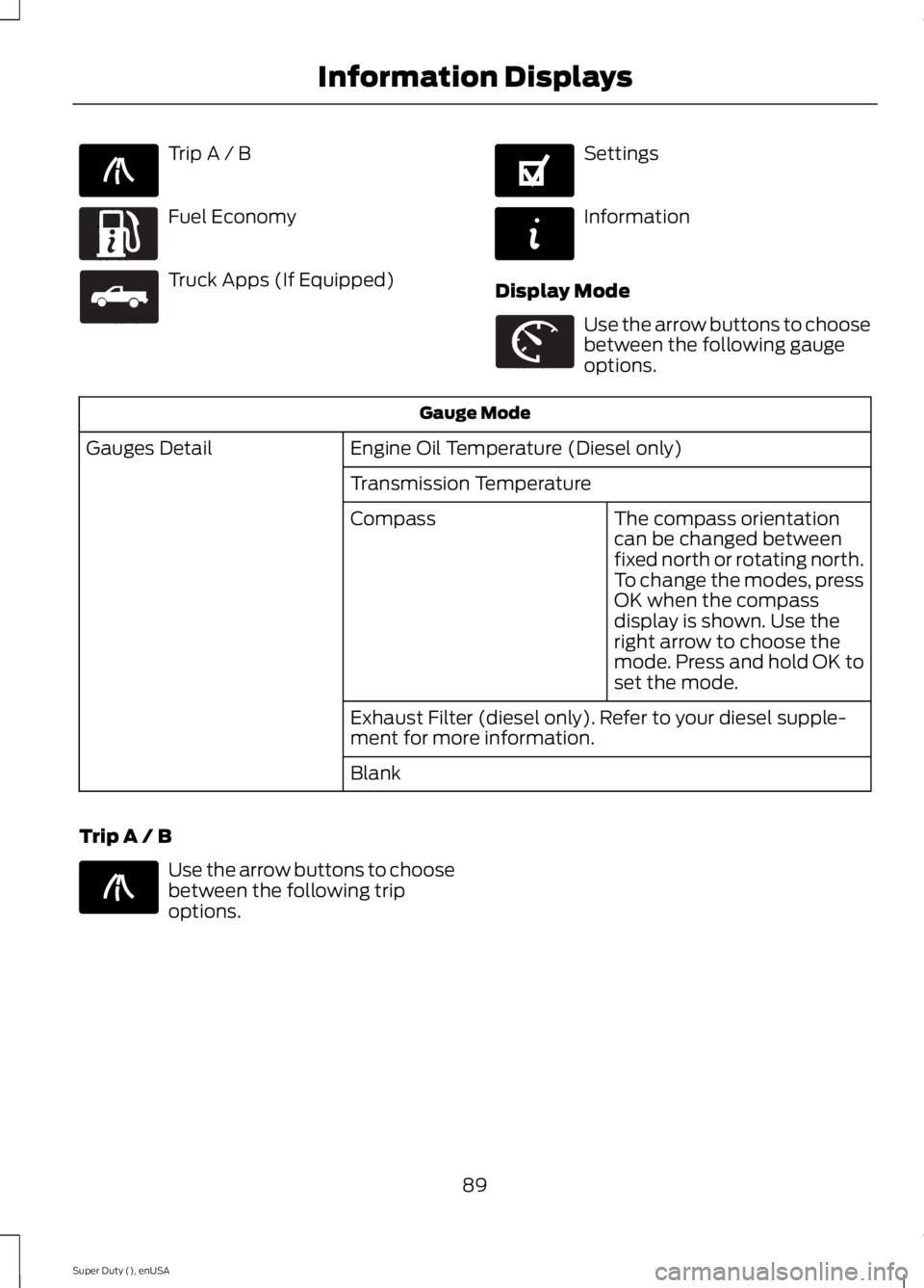 FORD F450 2015  Owners Manual Trip A / B
Fuel Economy
Truck Apps (If Equipped) Settings
Information
Display Mode Use the arrow buttons to choose
between the following gauge
options.
Gauge Mode
Engine Oil Temperature (Diesel only)
