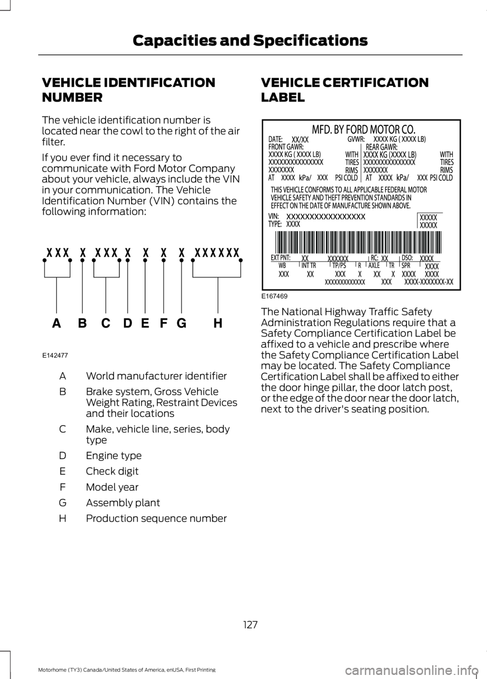 FORD F53 2017 Owners Manual VEHICLE IDENTIFICATION
NUMBER
The vehicle identification number is
located near the cowl to the right of the air
filter.
If you ever find it necessary to
communicate with Ford Motor Company
about your FORD F53 2017 Owners Manual VEHICLE IDENTIFICATION
NUMBER
The vehicle identification number is
located near the cowl to the right of the air
filter.
If you ever find it necessary to
communicate with Ford Motor Company
about your