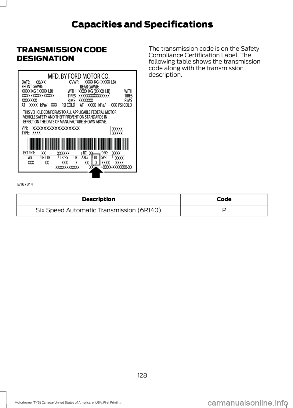 FORD F53 2017 Owners Manual TRANSMISSION CODE
DESIGNATION The transmission code is on the Safety
Compliance Certification Label. The
following table shows the transmission
code along with the transmission
description.
Code
Descr FORD F53 2017 Owners Manual TRANSMISSION CODE
DESIGNATION The transmission code is on the Safety
Compliance Certification Label. The
following table shows the transmission
code along with the transmission
description.
Code
Descr