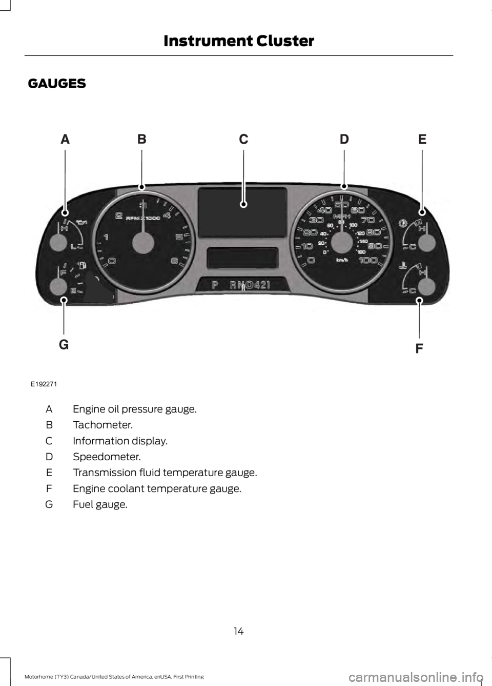 FORD F53 2017 User Guide GAUGES
Engine oil pressure gauge.
A
Tachometer.
B
Information display.
C
Speedometer.
D
Transmission fluid temperature gauge.
E
Engine coolant temperature gauge.
F
Fuel gauge.
G
14
Motorhome (TY3) Can FORD F53 2017 User Guide GAUGES
Engine oil pressure gauge.
A
Tachometer.
B
Information display.
C
Speedometer.
D
Transmission fluid temperature gauge.
E
Engine coolant temperature gauge.
F
Fuel gauge.
G
14
Motorhome (TY3) Can