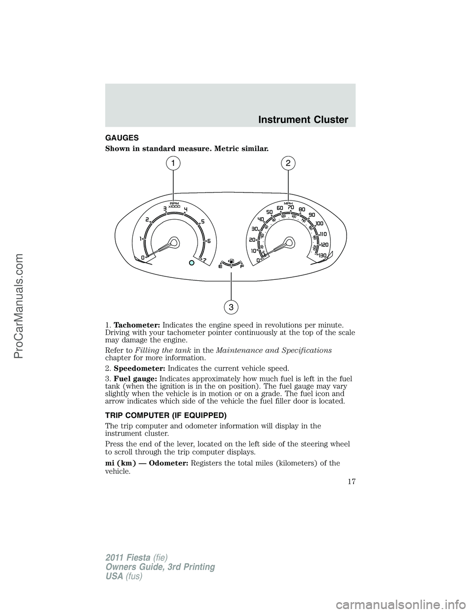 FORD FIESTA 2011 User Guide GAUGES
Shown in standard measure. Metric similar.
1.Tachometer:Indicates the engine speed in revolutions per minute.
Driving with your tachometer pointer continuously at the top of the scale
may damag