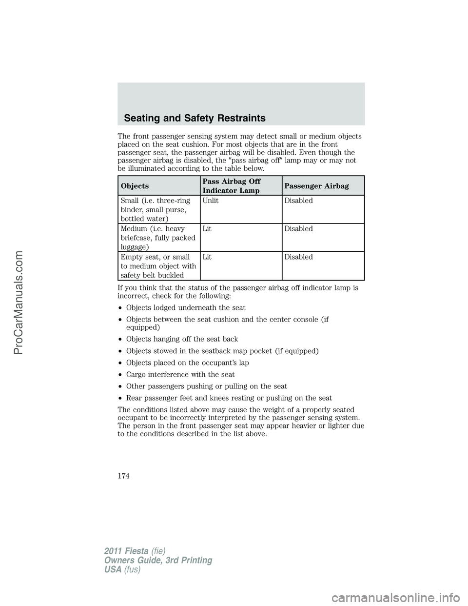 FORD FIESTA 2011  Owners Manual The front passenger sensing system may detect small or medium objects
placed on the seat cushion. For most objects that are in the front
passenger seat, the passenger airbag will be disabled. Even tho