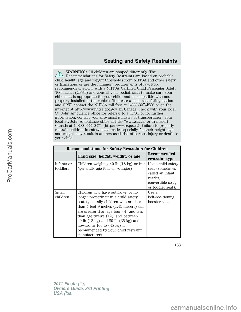 FORD FIESTA 2011  Owners Manual WARNING:All children are shaped differently. The
Recommendations for Safety Restraints are based on probable
child height, age and weight thresholds from NHTSA and other safety
organizations or are th