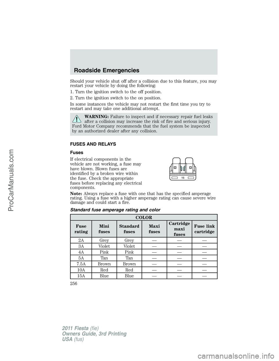 FORD FIESTA 2011 Owners Manual Should your vehicle shut off after a collision due to this feature, you may
restart your vehicle by doing the following:
1. Turn the ignition switch to the off position.
2. Turn the ignition switch to FORD FIESTA 2011 Owners Manual Should your vehicle shut off after a collision due to this feature, you may
restart your vehicle by doing the following:
1. Turn the ignition switch to the off position.
2. Turn the ignition switch to