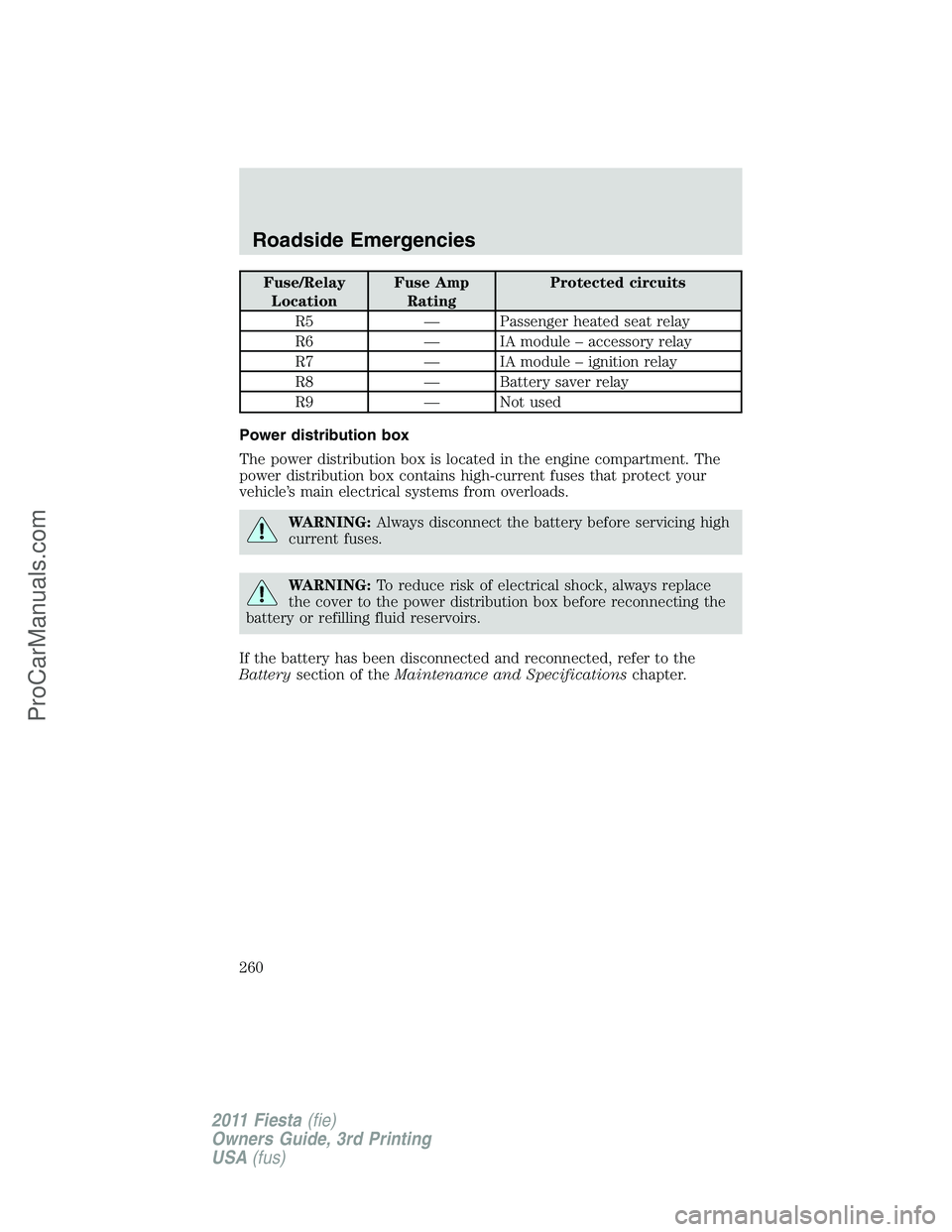 FORD FIESTA 2011 Owners Manual Fuse/Relay
LocationFuse Amp
RatingProtected circuits
R5 — Passenger heated seat relay
R6 — IA module – accessory relay
R7 — IA module – ignition relay
R8 — Battery saver relay
R9 — Not u FORD FIESTA 2011 Owners Manual Fuse/Relay
LocationFuse Amp
RatingProtected circuits
R5 — Passenger heated seat relay
R6 — IA module – accessory relay
R7 — IA module – ignition relay
R8 — Battery saver relay
R9 — Not u