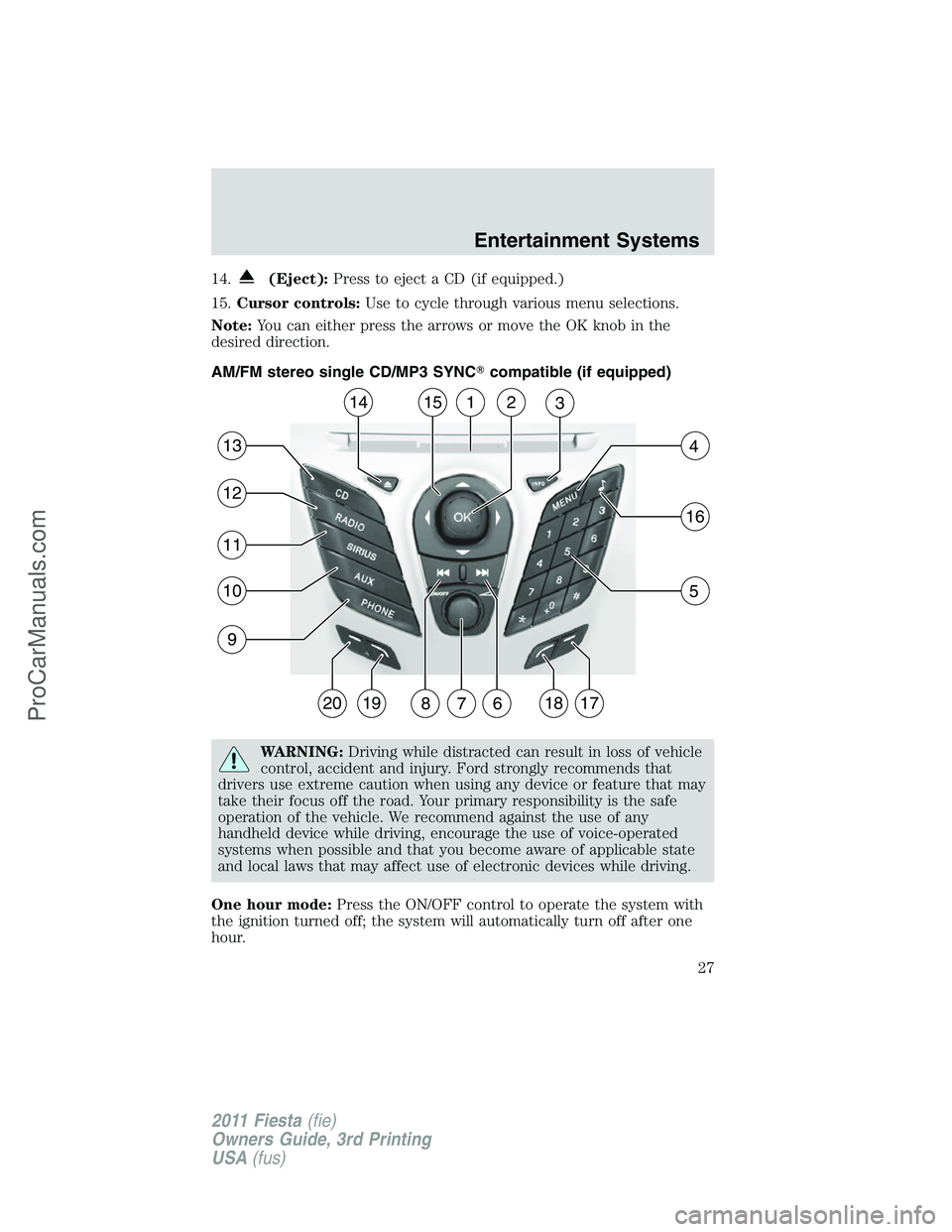 FORD FIESTA 2011 Owners Manual 14.(Eject):Press to eject a CD (if equipped.)
15.Cursor controls:Use to cycle through various menu selections.
Note:You can either press the arrows or move the OK knob in the
desired direction.
AM/FM 