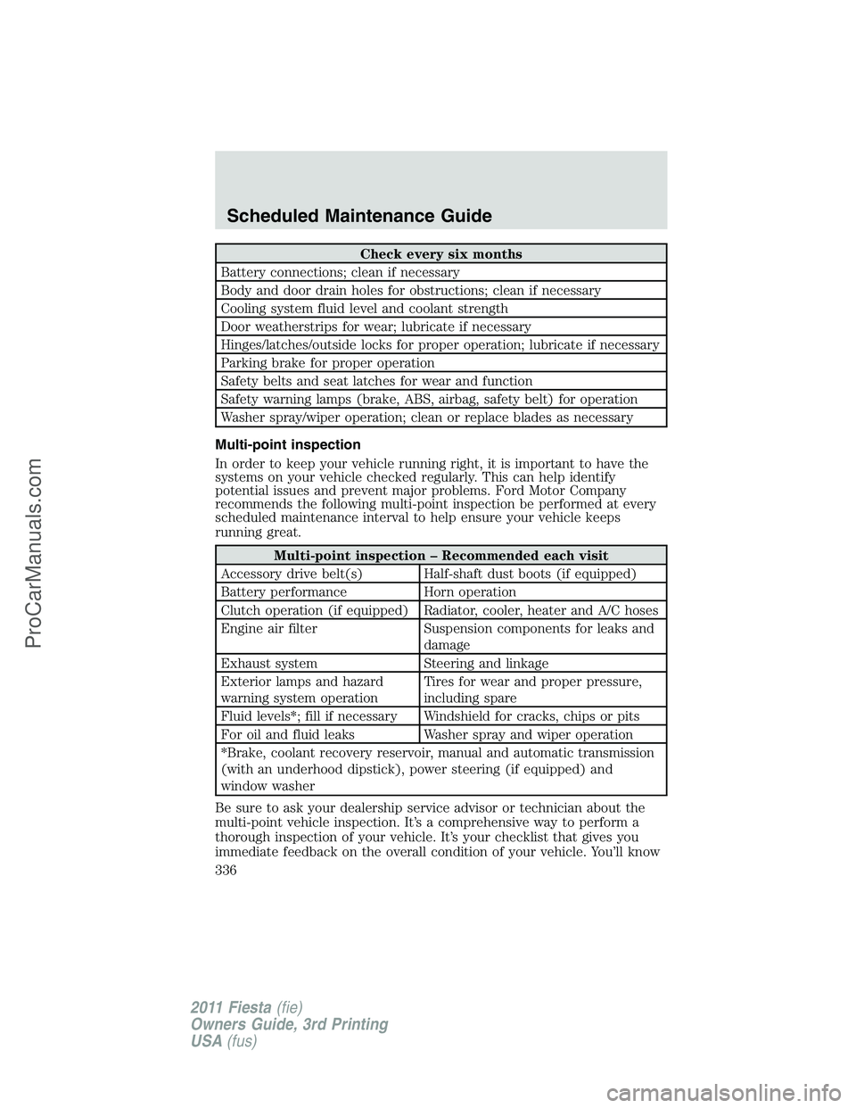 FORD FIESTA 2011  Owners Manual Check every six months
Battery connections; clean if necessary
Body and door drain holes for obstructions; clean if necessary
Cooling system fluid level and coolant strength
Door weatherstrips for wea