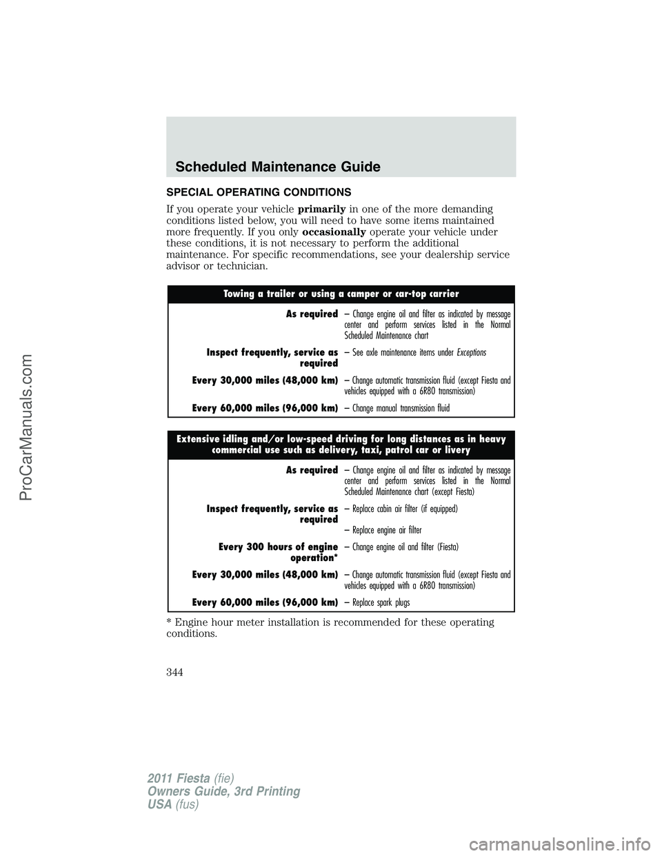 FORD FIESTA 2011  Owners Manual SPECIAL OPERATING CONDITIONS
If you operate your vehicleprimarilyin one of the more demanding
conditions listed below, you will need to have some items maintained
more frequently. If you onlyoccasiona