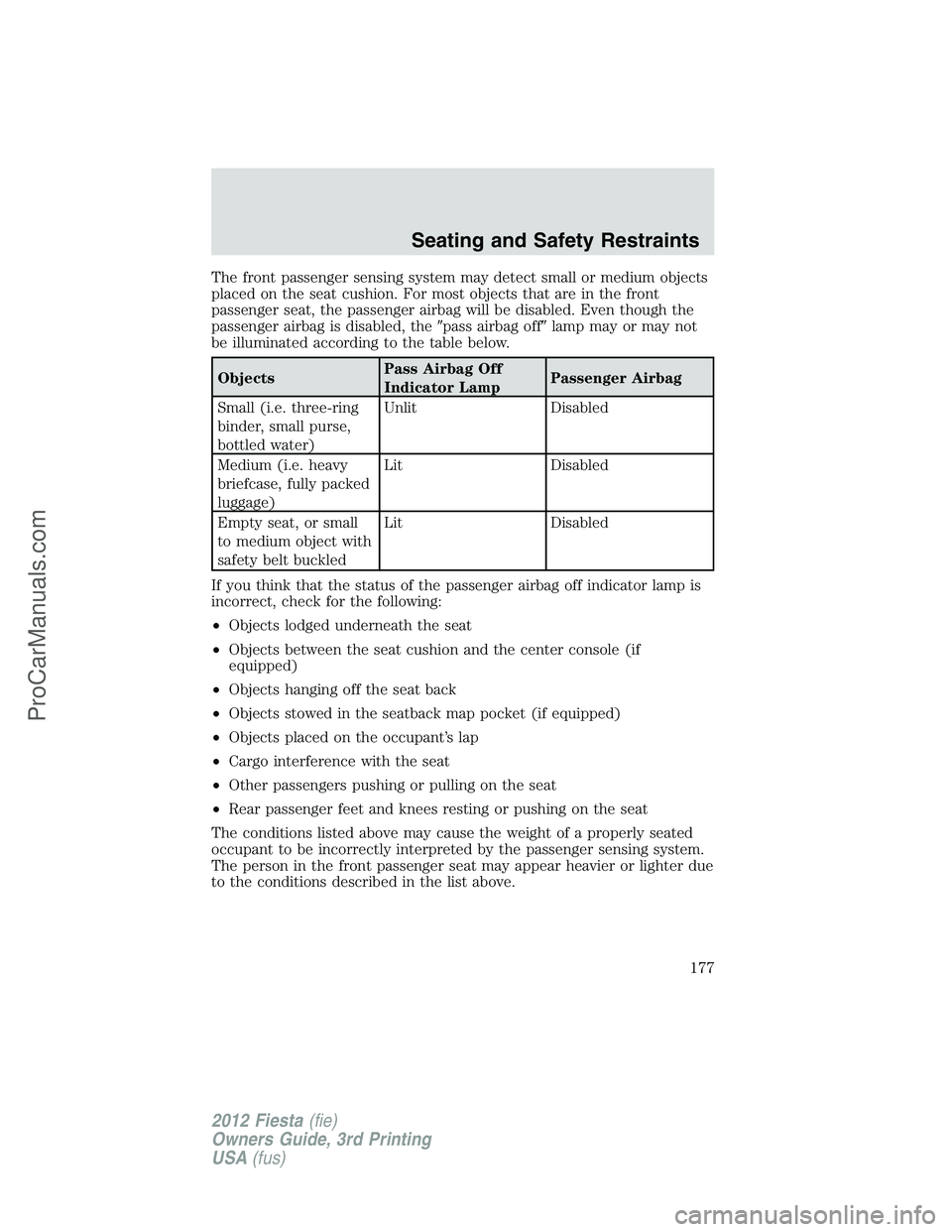 FORD FIESTA 2012  Owners Manual The front passenger sensing system may detect small or medium objects
placed on the seat cushion. For most objects that are in the front
passenger seat, the passenger airbag will be disabled. Even tho