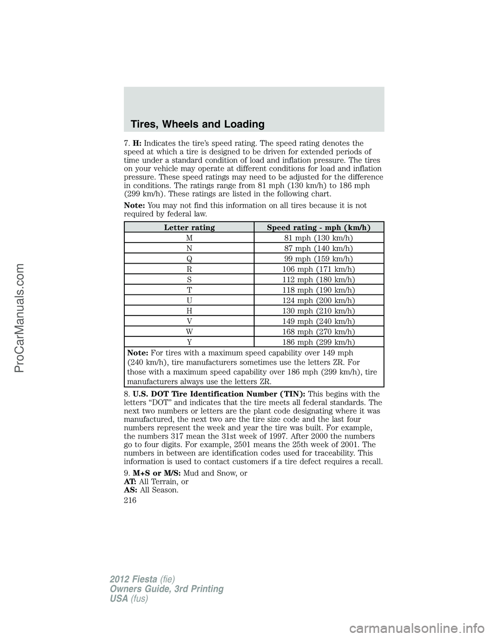 FORD FIESTA 2012 Owners Manual 7.H:Indicates the tire’s speed rating. The speed rating denotes the
speed at which a tire is designed to be driven for extended periods of
time under a standard condition of load and inflation press FORD FIESTA 2012 Owners Manual 7.H:Indicates the tire’s speed rating. The speed rating denotes the
speed at which a tire is designed to be driven for extended periods of
time under a standard condition of load and inflation press