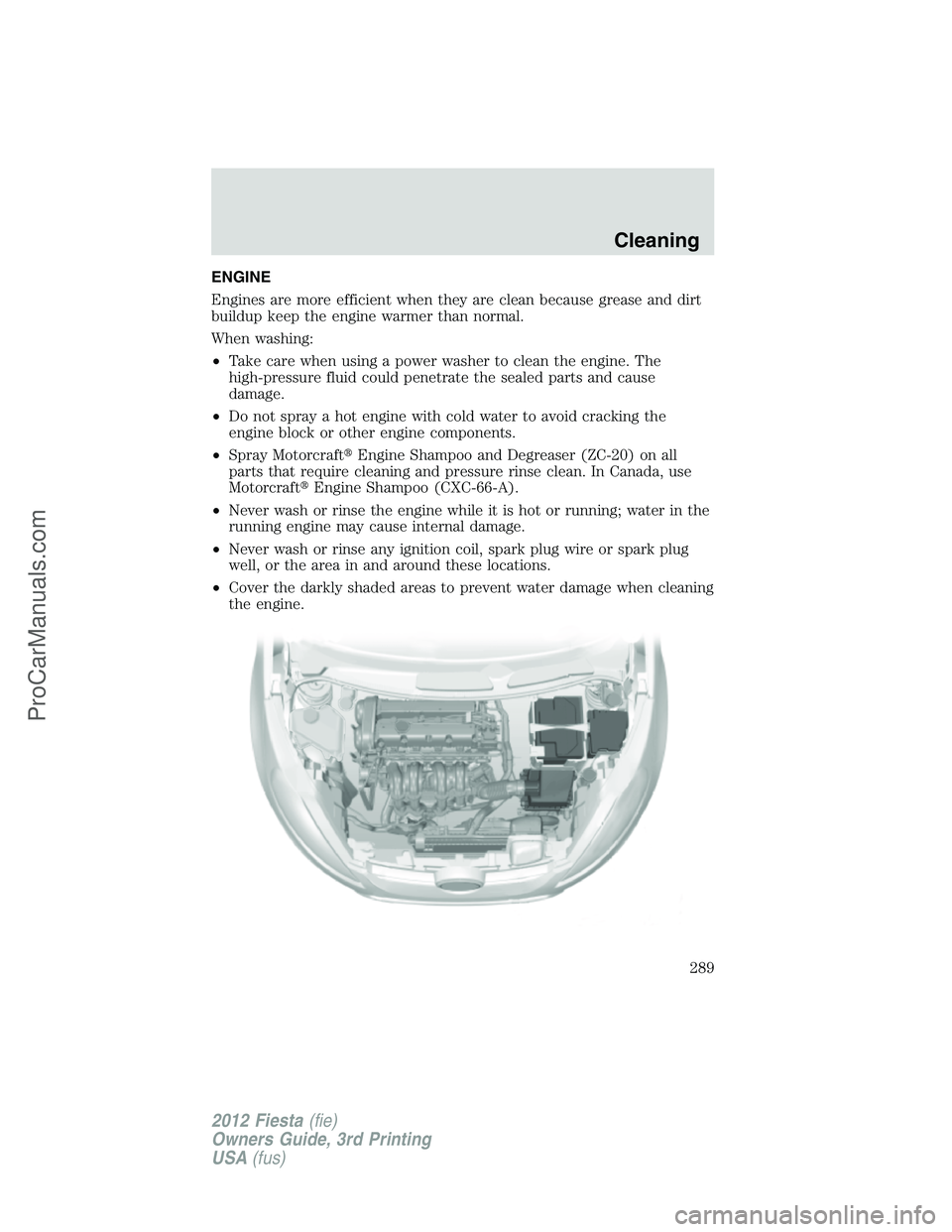 FORD FIESTA 2012  Owners Manual ENGINE
Engines are more efficient when they are clean because grease and dirt
buildup keep the engine warmer than normal.
When washing:
•Take care when using a power washer to clean the engine. The
