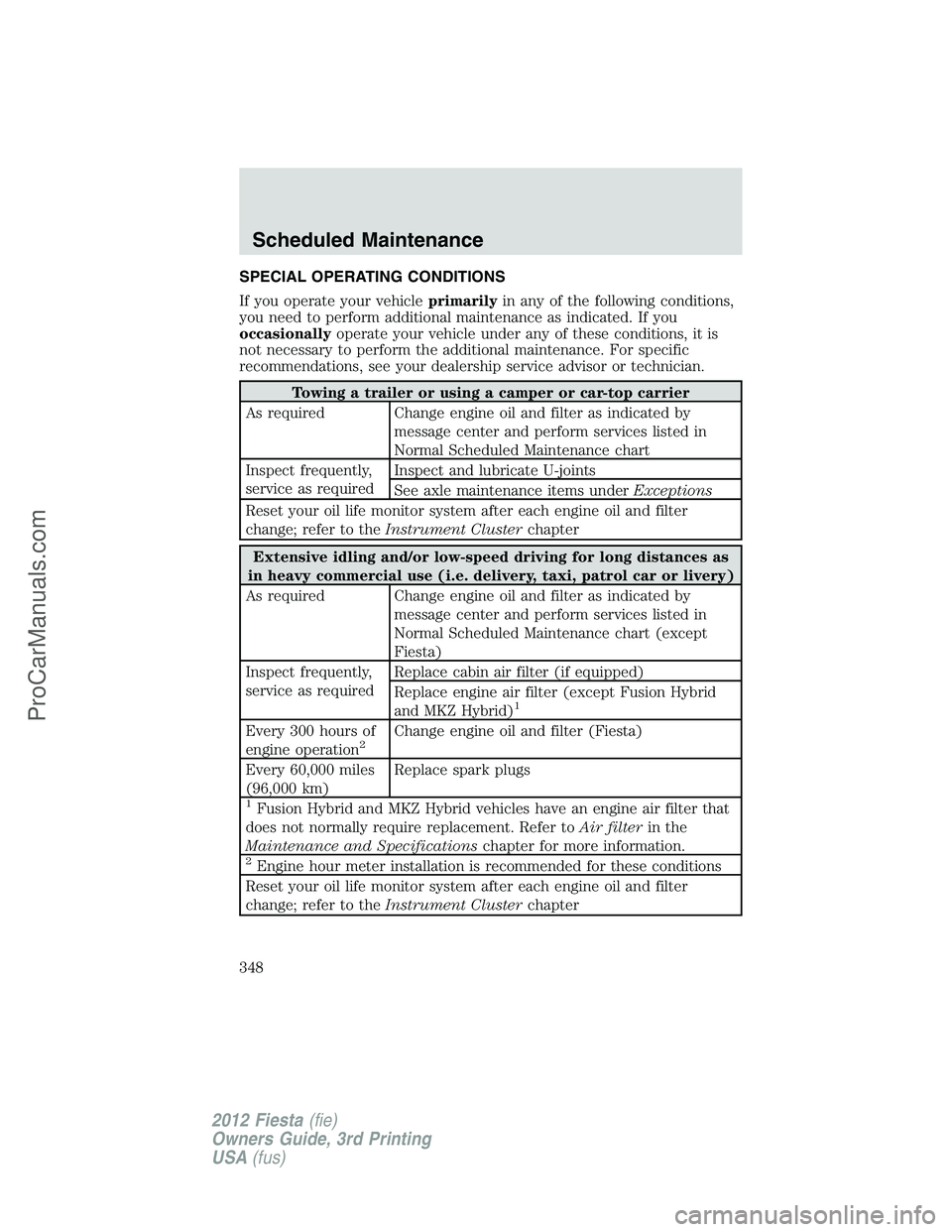 FORD FIESTA 2012 Owners Manual SPECIAL OPERATING CONDITIONS
If you operate your vehicleprimarilyin any of the following conditions,
you need to perform additional maintenance as indicated. If you
occasionallyoperate your vehicle un FORD FIESTA 2012 Owners Manual SPECIAL OPERATING CONDITIONS
If you operate your vehicleprimarilyin any of the following conditions,
you need to perform additional maintenance as indicated. If you
occasionallyoperate your vehicle un