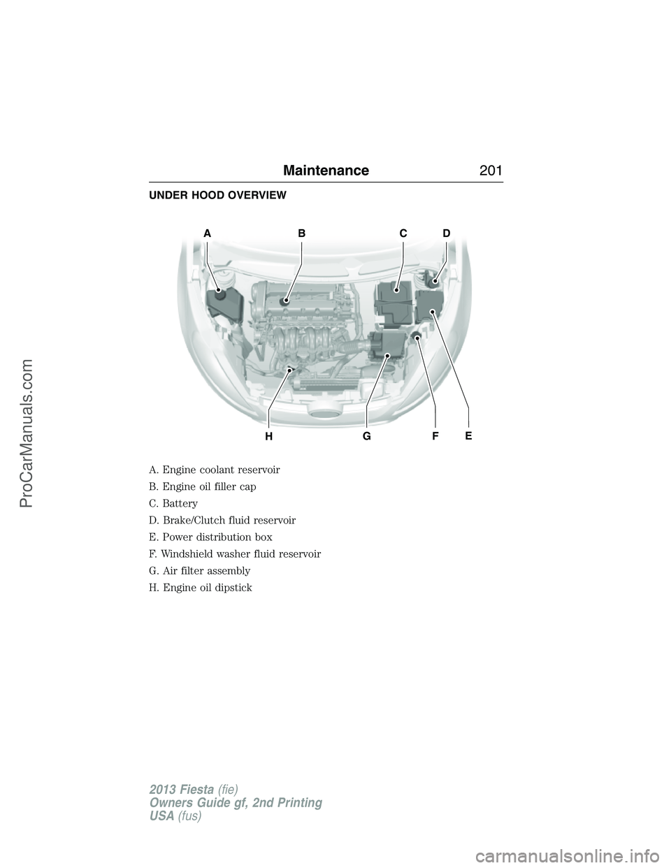 FORD FIESTA 2013 Owners Manual UNDER HOOD OVERVIEW
A. Engine coolant reservoir
B. Engine oil filler cap
C. Battery
D. Brake/Clutch fluid reservoir
E. Power distribution box
F. Windshield washer fluid reservoir
G. Air filter assembl FORD FIESTA 2013 Owners Manual UNDER HOOD OVERVIEW
A. Engine coolant reservoir
B. Engine oil filler cap
C. Battery
D. Brake/Clutch fluid reservoir
E. Power distribution box
F. Windshield washer fluid reservoir
G. Air filter assembl