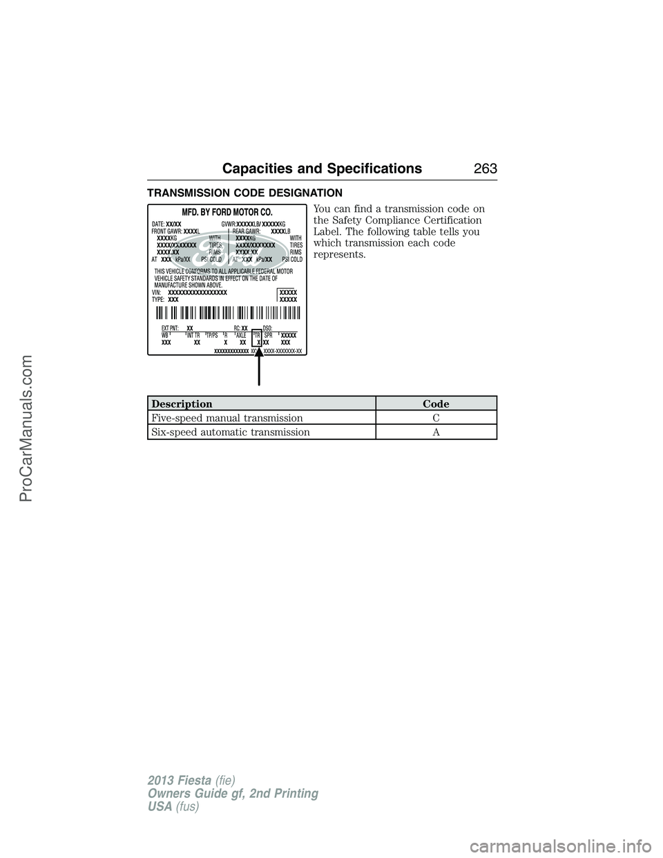 FORD FIESTA 2013  Owners Manual TRANSMISSION CODE DESIGNATION
You can find a transmission code on
the Safety Compliance Certification
Label. The following table tells you
which transmission each code
represents.
Description Code
Fiv