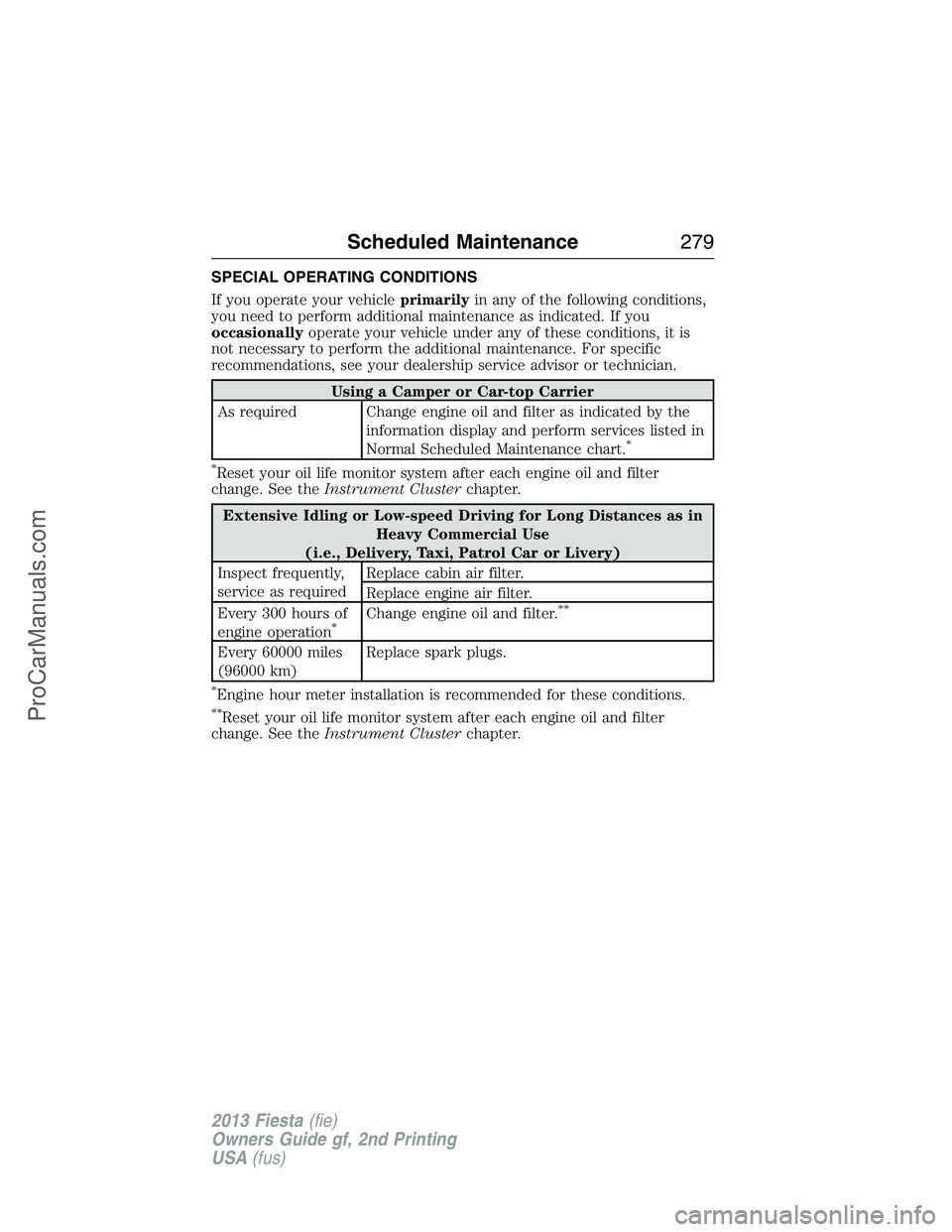 FORD FIESTA 2013  Owners Manual SPECIAL OPERATING CONDITIONS
If you operate your vehicleprimarilyin any of the following conditions,
you need to perform additional maintenance as indicated. If you
occasionallyoperate your vehicle un