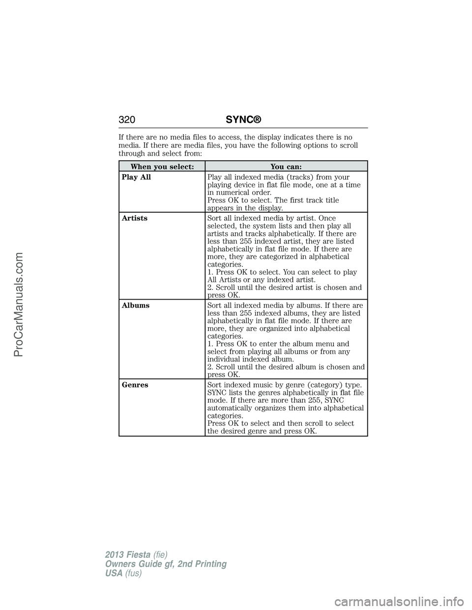 FORD FIESTA 2013  Owners Manual If there are no media files to access, the display indicates there is no
media. If there are media files, you have the following options to scroll
through and select from:
When you select: You can:
Pl
