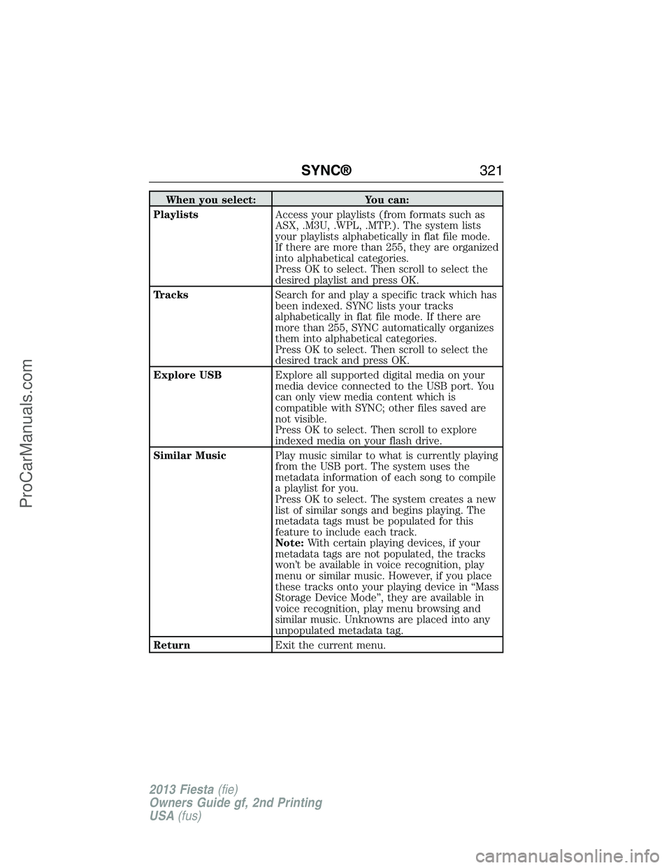 FORD FIESTA 2013  Owners Manual When you select: You can:
PlaylistsAccess your playlists (from formats such as
ASX, .M3U, .WPL, .MTP.). The system lists
your playlists alphabetically in flat file mode.
If there are more than 255, th