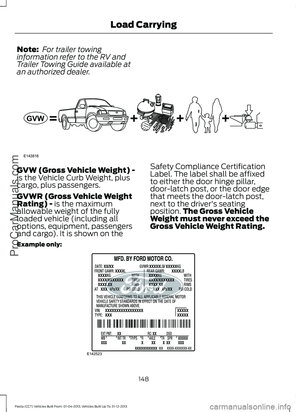 FORD FIESTA 2014 Owners Manual Note:
For trailer towing
information refer to the RV and
Trailer Towing Guide available at
an authorized dealer. GVW (Gross Vehicle Weight) -
is the Vehicle Curb Weight, plus
cargo, plus passengers.
FORD FIESTA 2014 Owners Manual Note:
For trailer towing
information refer to the RV and
Trailer Towing Guide available at
an authorized dealer. GVW (Gross Vehicle Weight) -
is the Vehicle Curb Weight, plus
cargo, plus passengers.