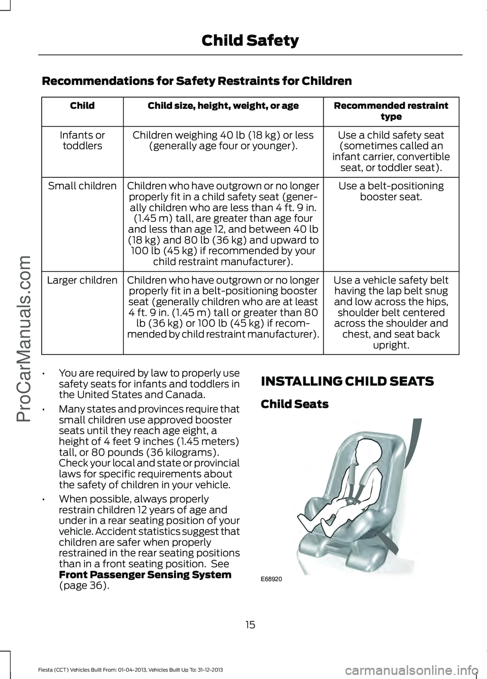 FORD FIESTA 2014 User Guide Recommendations for Safety Restraints for Children
Recommended restraint
type
Child size, height, weight, or age
Child
Use a child safety seat(sometimes called an
infant carrier, convertible seat, or FORD FIESTA 2014 User Guide Recommendations for Safety Restraints for Children
Recommended restraint
type
Child size, height, weight, or age
Child
Use a child safety seat(sometimes called an
infant carrier, convertible seat, or