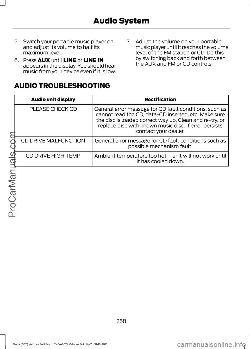 FORD FIESTA 2014 Owners Manual 5. Switch your portable music player on
and adjust its volume to half its
maximum level.
6. Press AUX until LINE or LINE IN
appears in the display. You should hear
music from your device even if it is FORD FIESTA 2014 Owners Manual 5. Switch your portable music player on
and adjust its volume to half its
maximum level.
6. Press AUX until LINE or LINE IN
appears in the display. You should hear
music from your device even if it is