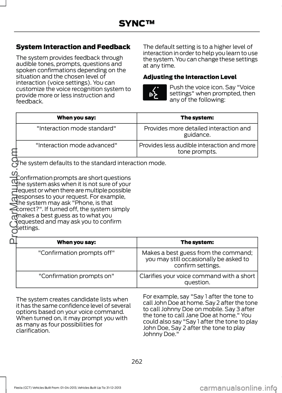 FORD FIESTA 2014 Owners Manual System Interaction and Feedback
The system provides feedback through
audible tones, prompts, questions and
spoken confirmations depending on the
situation and the chosen level of
interaction (voice se FORD FIESTA 2014 Owners Manual System Interaction and Feedback
The system provides feedback through
audible tones, prompts, questions and
spoken confirmations depending on the
situation and the chosen level of
interaction (voice se